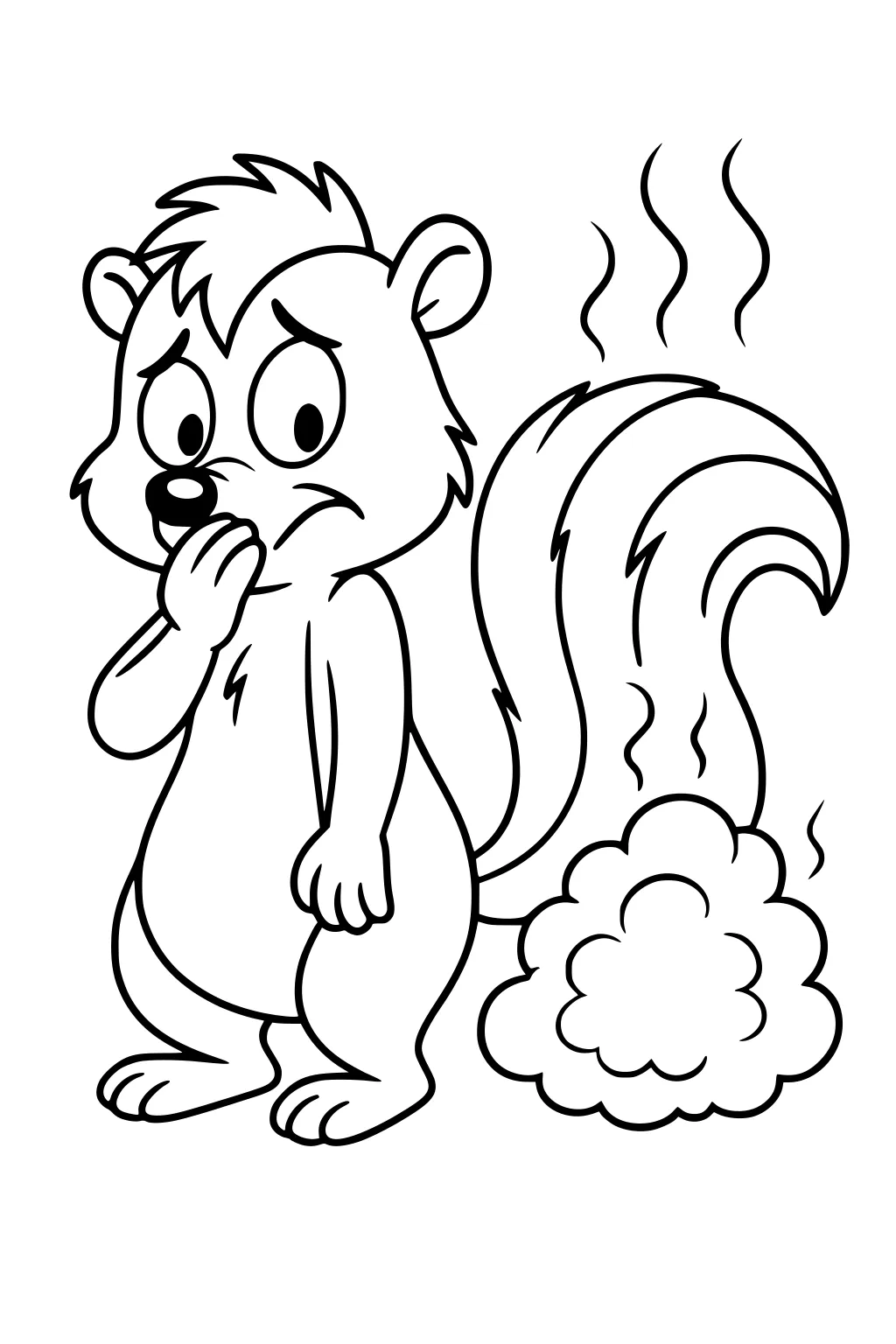 Cartoon skunk with paw on mouth, large fluffy tail, and stink cloud behind her with wavy smell lines.
