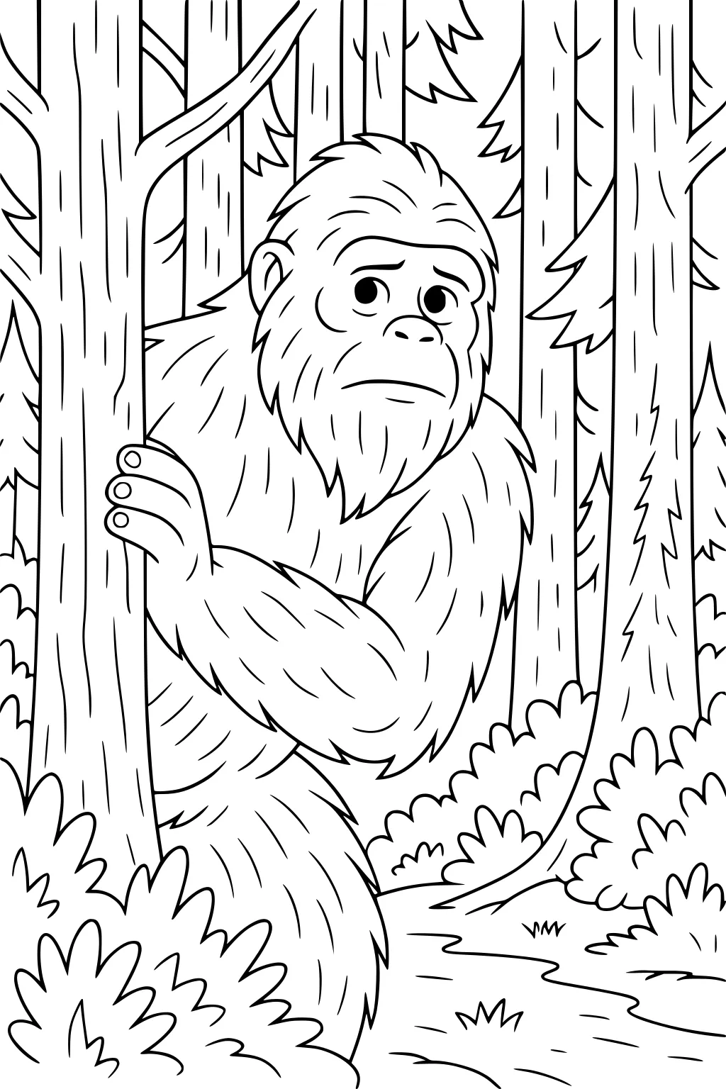 Cartoon yeti peeks from behind a tree in a pine forest, furry arm on trunk, bushes and a winding path filling the background.