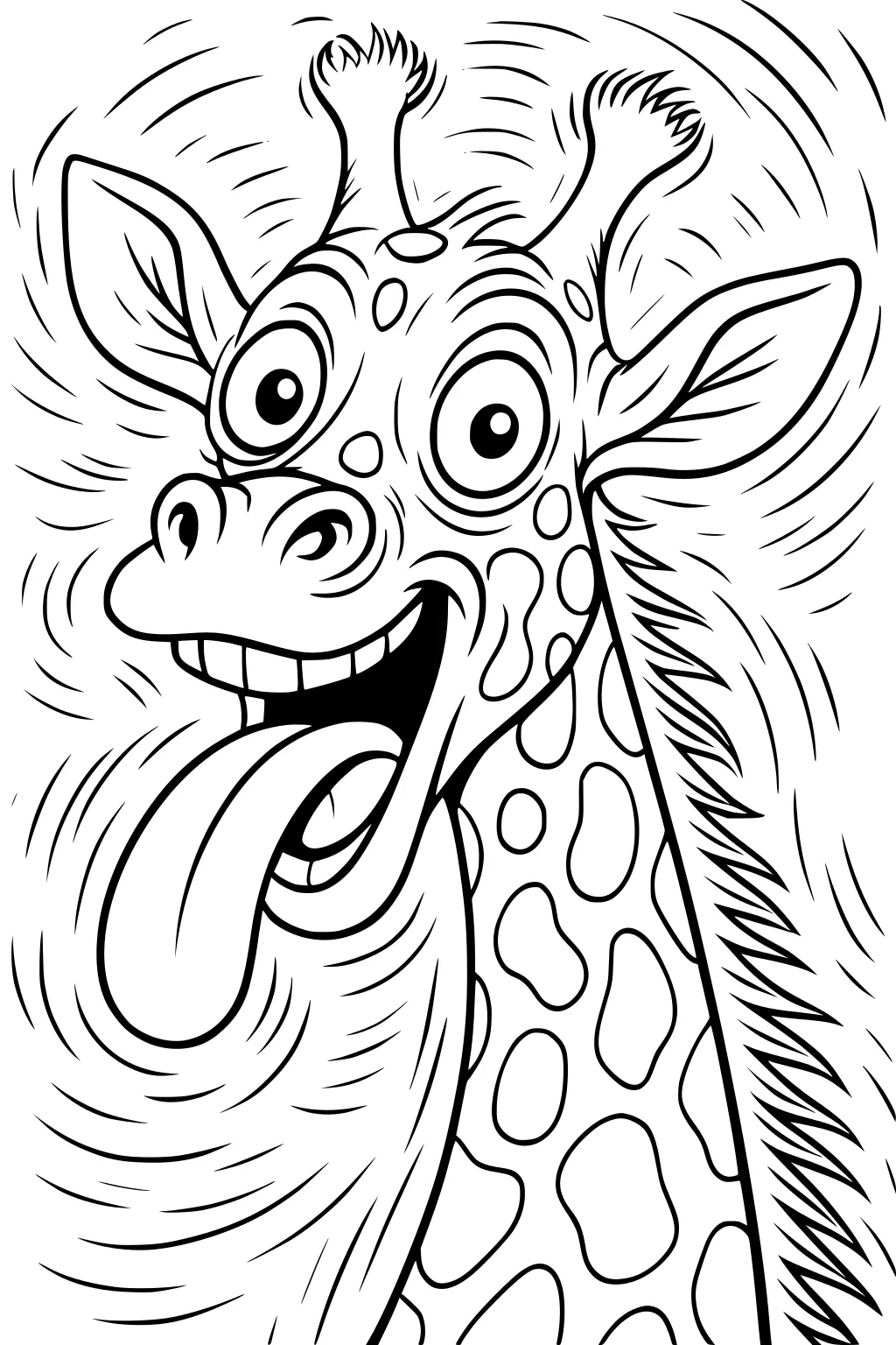 Cartoon giraffe with wide eyes, big smile, tongue out, large ears, and a long spotted neck.