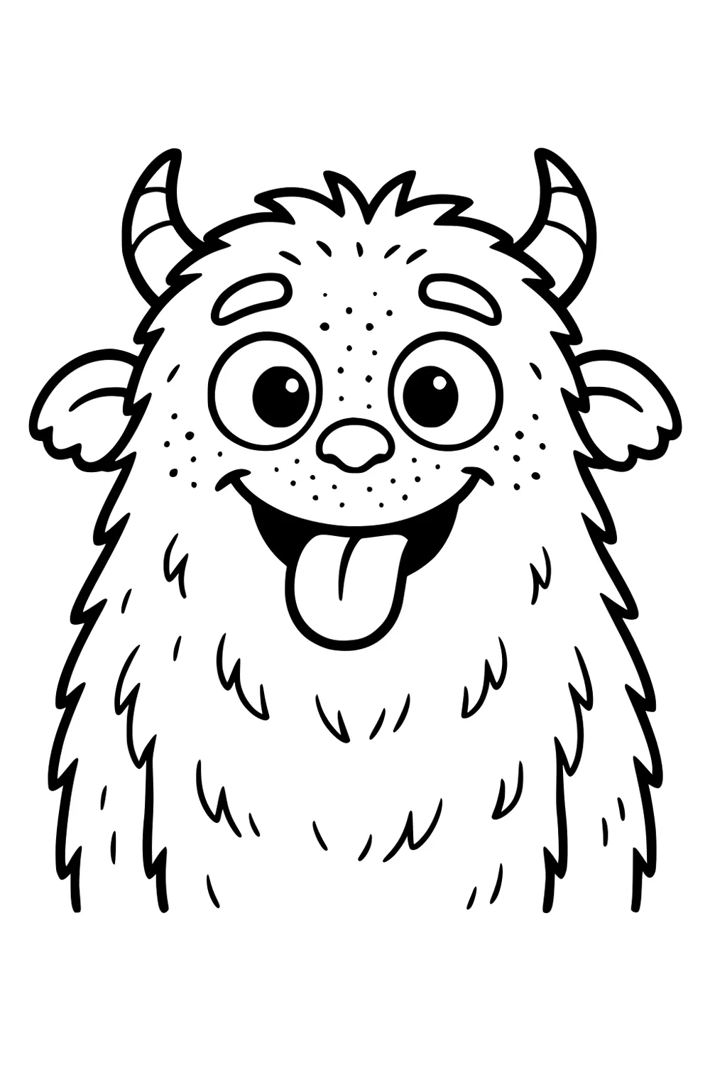 Smiling furry monster with striped horns, floppy ears, big round eyes, freckles, and tongue out in bold black outline.