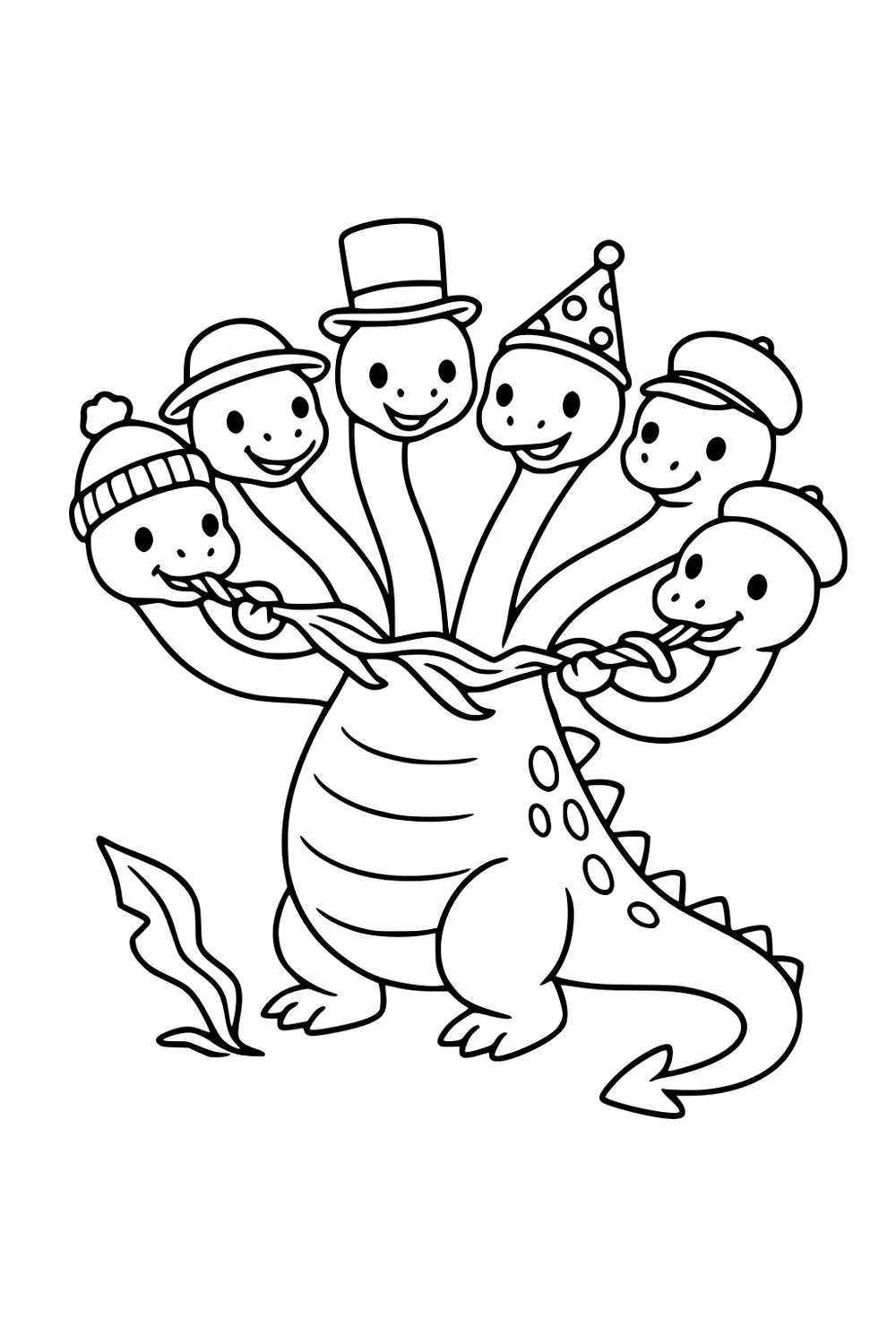 Six-headed hydra with beanie, caps, top hat, and party hat, each head tugging a rope; round striped belly, spiked tail, small leaf.