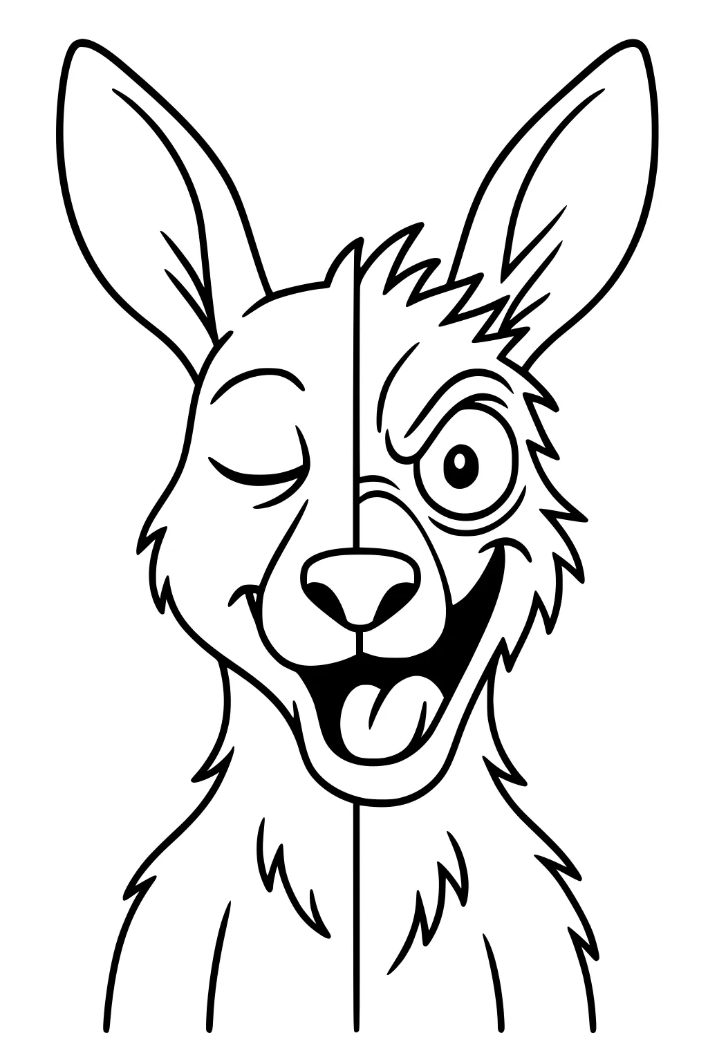 Split-face cartoon kangaroo with one side winking and the other side wide-eyed, big ears, and a smiling mouth.