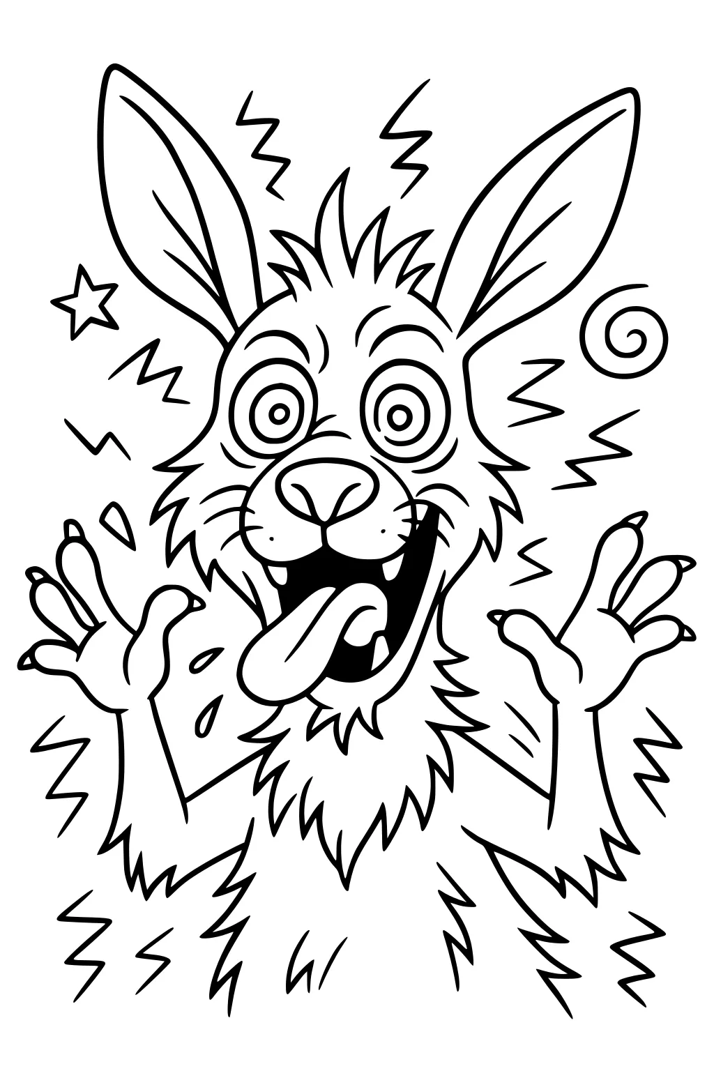 Funny kangaroo with bulging eyes, tongue out, big ears, raised paws, and zigzag lines surrounding its head.