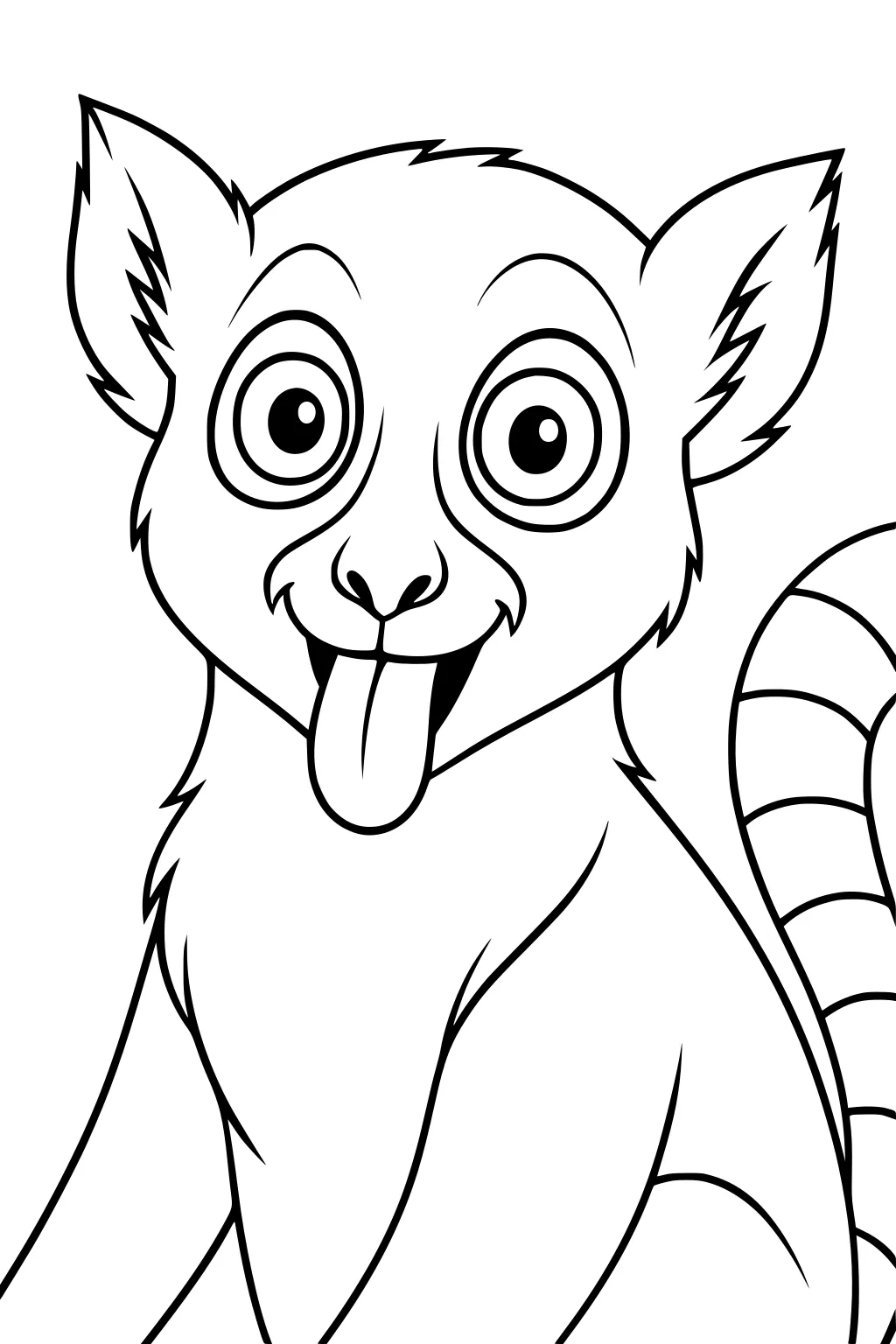 Cartoon lemur with large eyes, ears, striped tail, and tongue sticking out, facing forward with simple outlines.