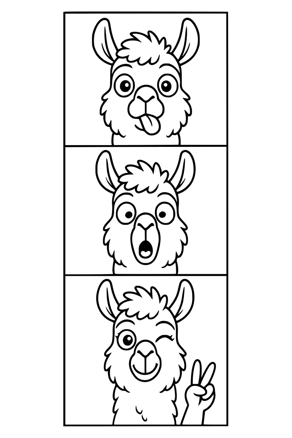 Cartoon llama in three stacked boxes with silly faces: tongue out, surprised, and winking with peace sign.