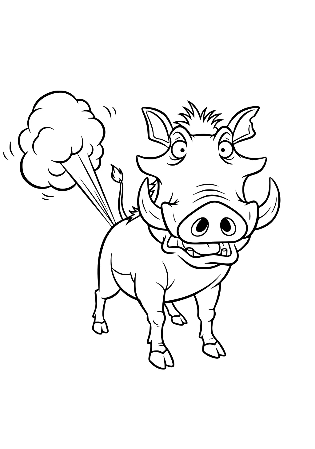Cartoon warthog with wide eyes and a puff of gas coming from behind, standing with four legs and curly tail.