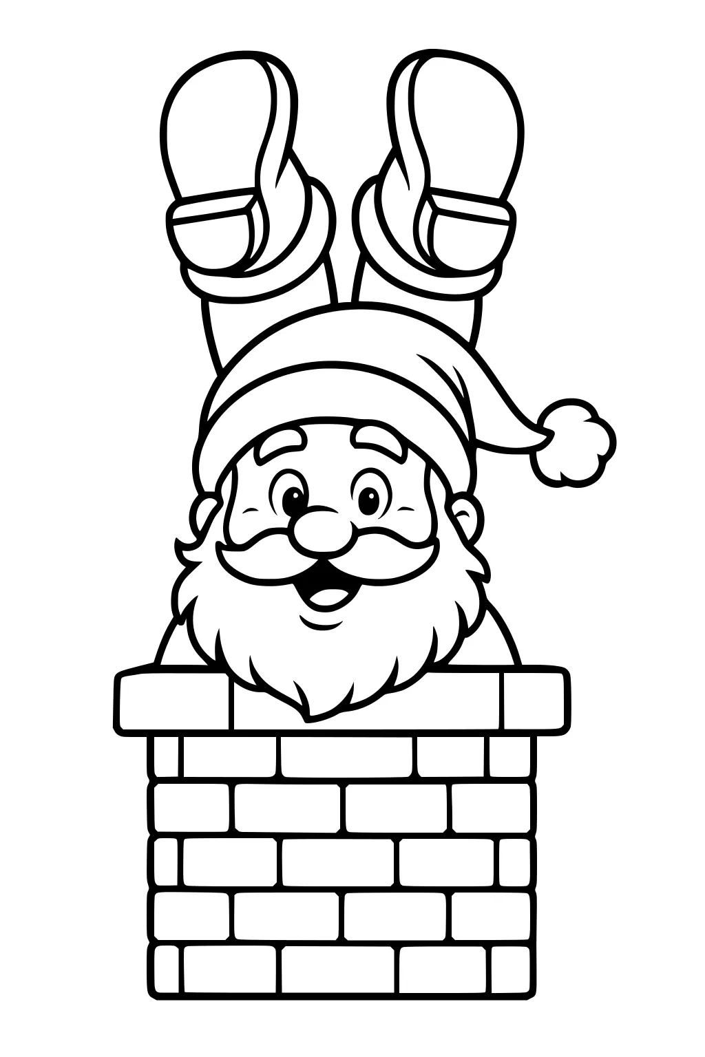 Santa winks with a big smile while stuck upside down in a brick chimney, boots up and hat with pom-pom, bold black outlines.
