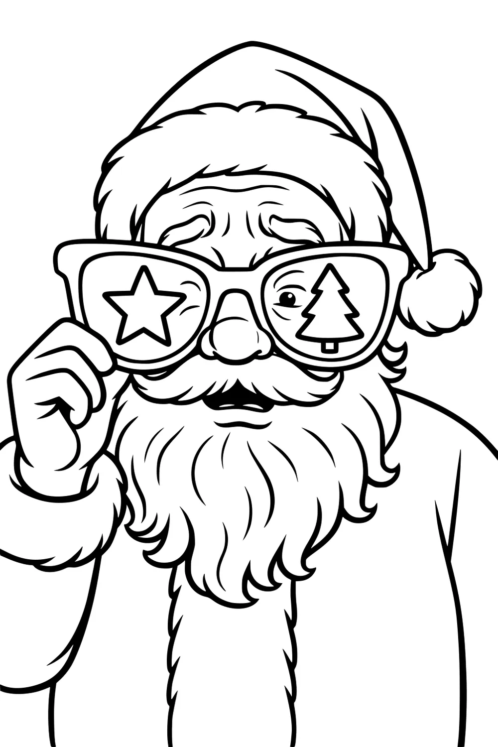 Santa close-up in pom-pom hat, holding big glasses with star and tree lenses; fluffy beard and a playful expression.