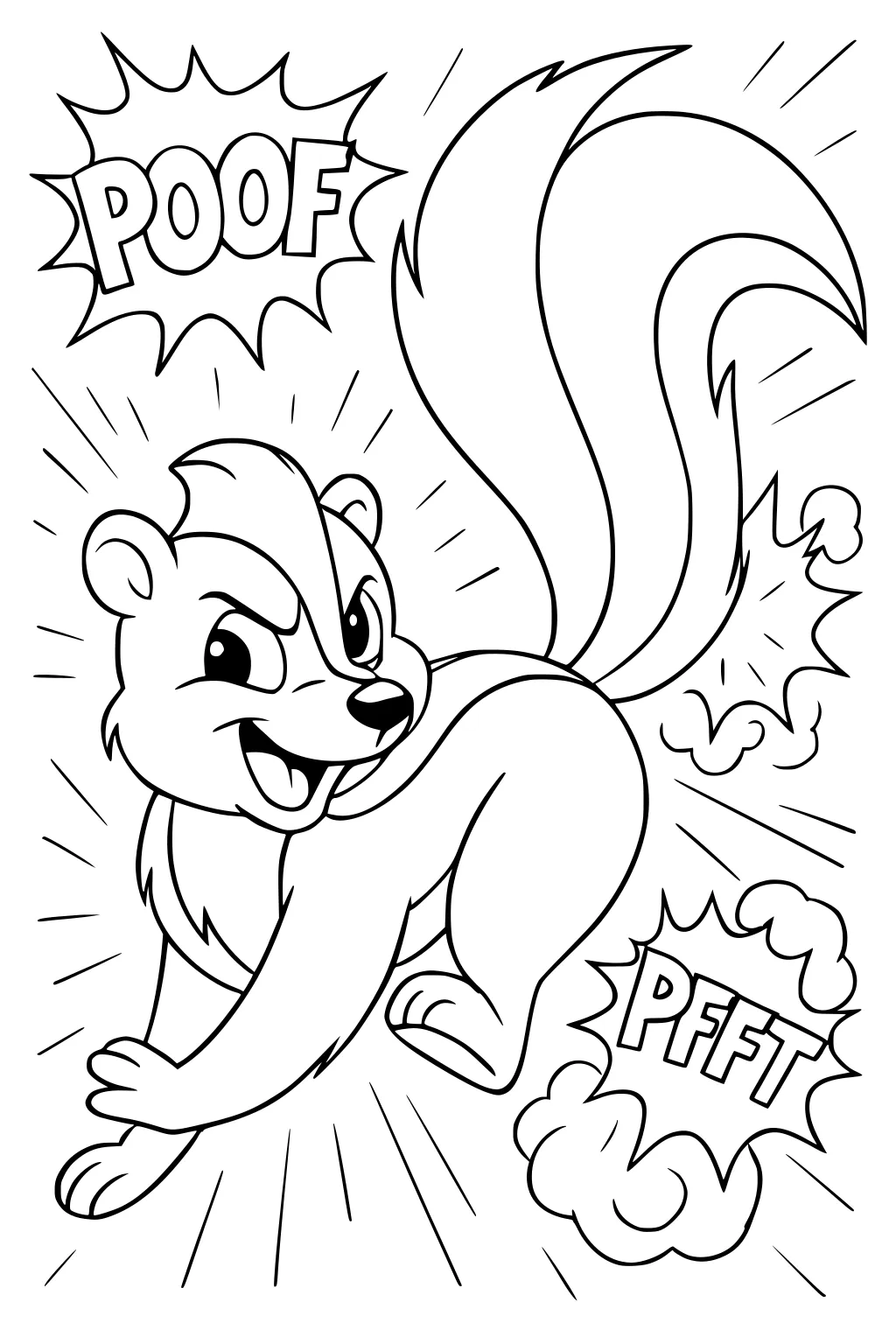 Cartoon skunk with a striped tail spraying comic puffs. The words POOF and PFFT appear in the bubbles.