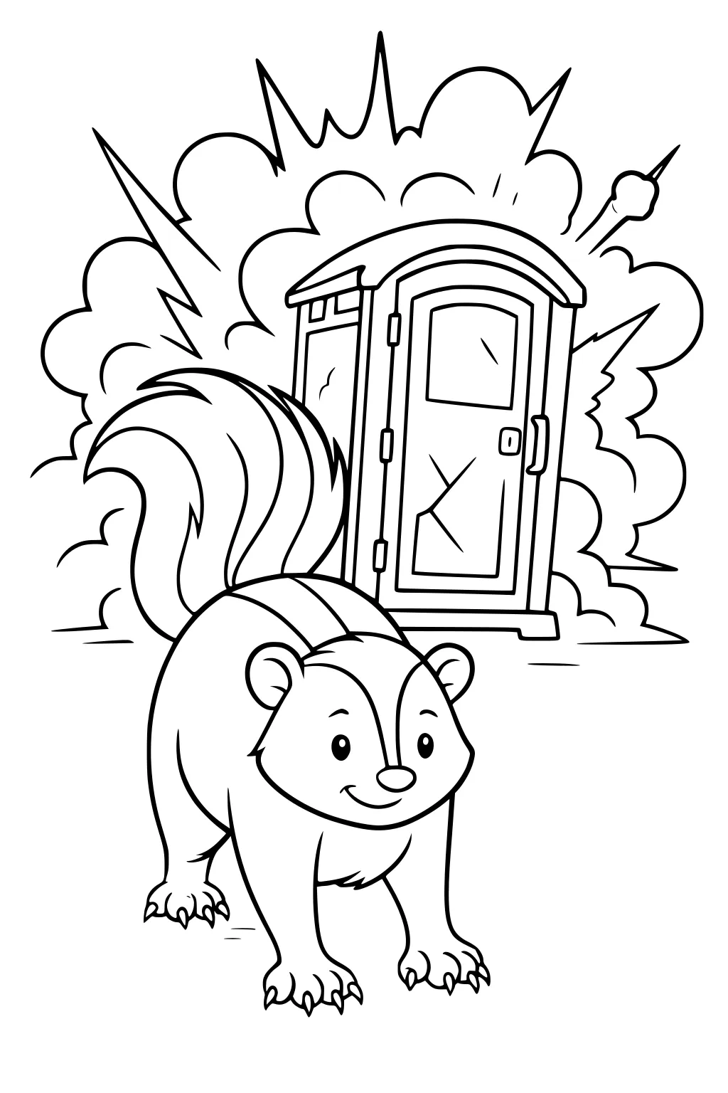 Smiling skunk in front of a portable toilet with cartoon explosion clouds in the background.