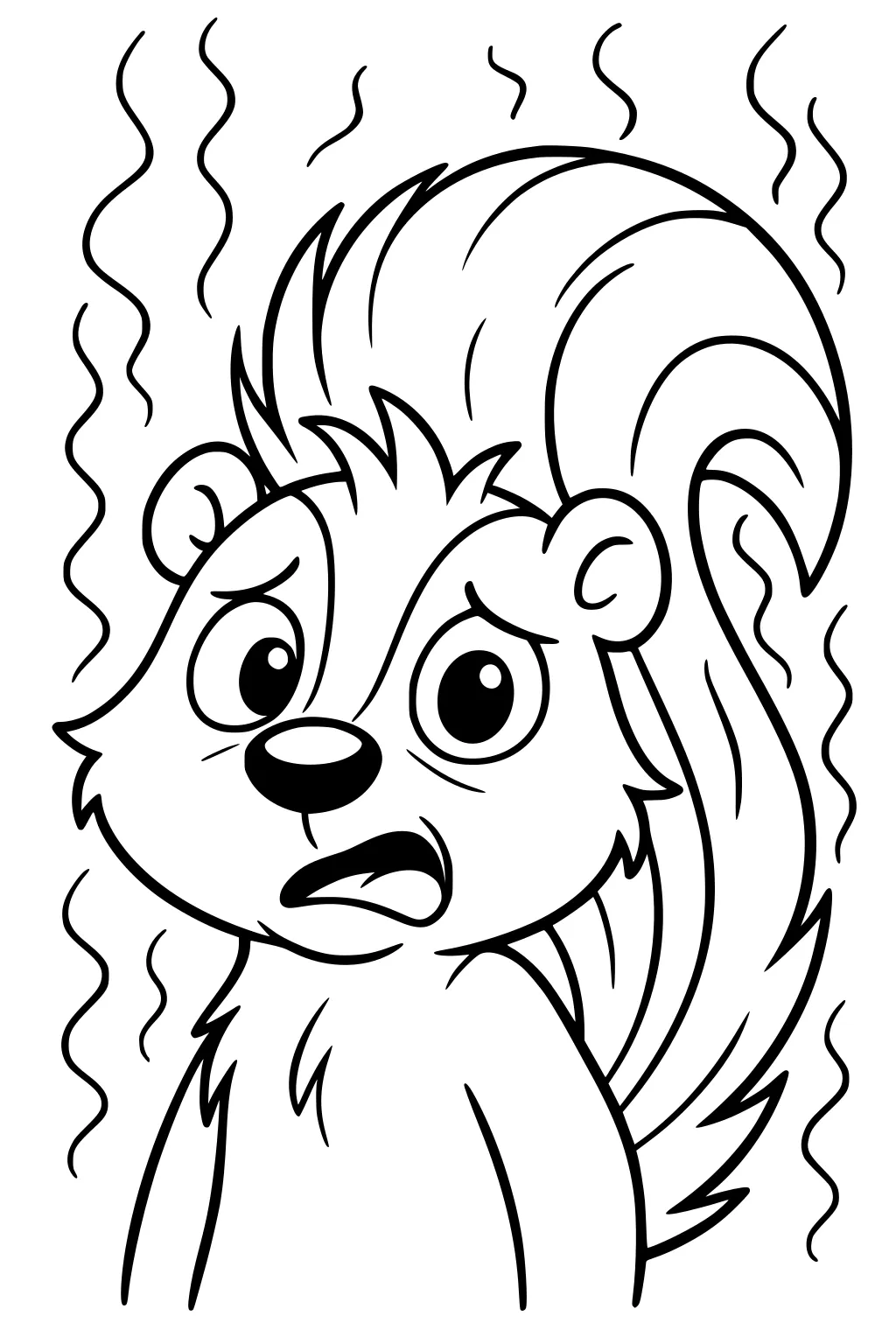 Cartoon skunk with surprised face and big striped tail, surrounded by wavy stink lines.