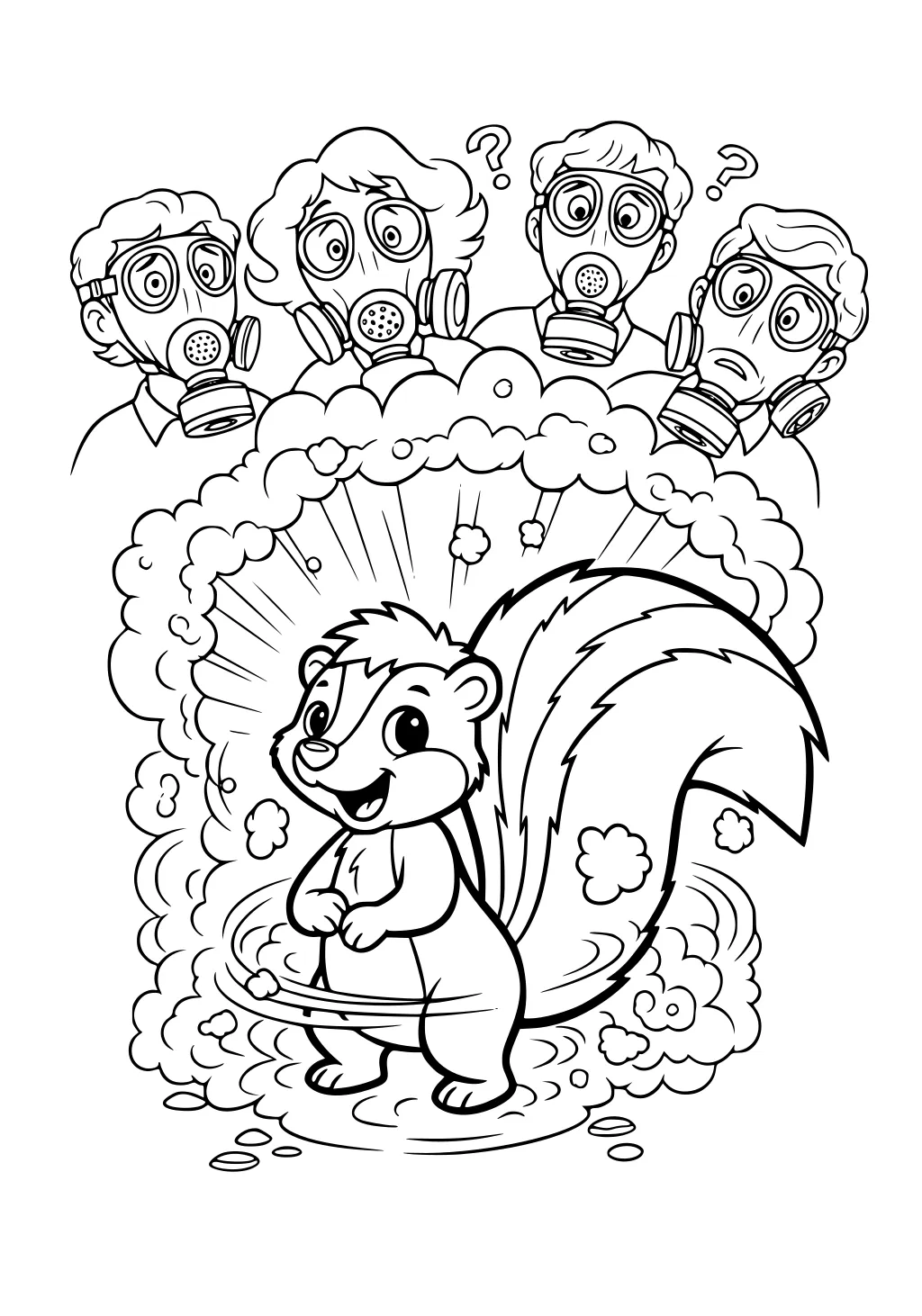 Cartoon skunk spraying, four adults wearing gas masks, looking surprised with smoke clouds around.