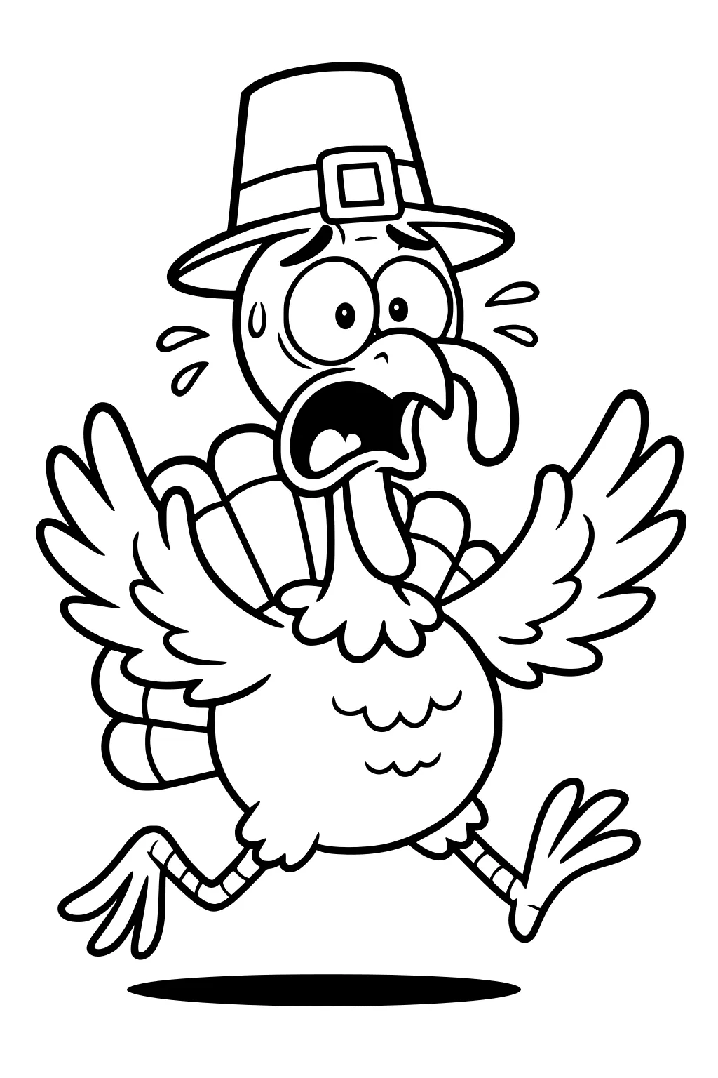 Cartoon Thanksgiving turkey in a pilgrim hat running, wings flapping, wide eyes, open beak, sweat drops, shadow below.