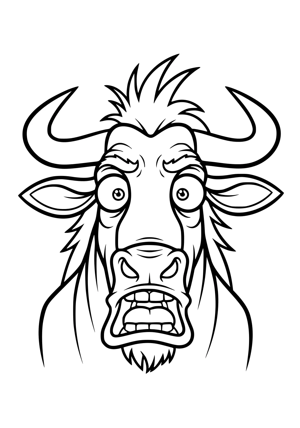 Front view cartoon wildebeest head with big curved horns, wide eyes, shaggy mane, chin beard, and open mouth showing teeth.