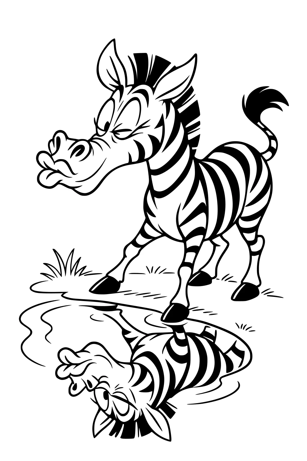 Cartoon zebra leans over a pond, tongue out at his reflection, with ripples and a small grass clump by the water.