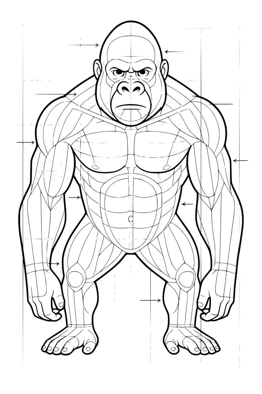 Front view of a muscular gorilla with visible muscle lines, grid background, and arrows pointing to body parts.