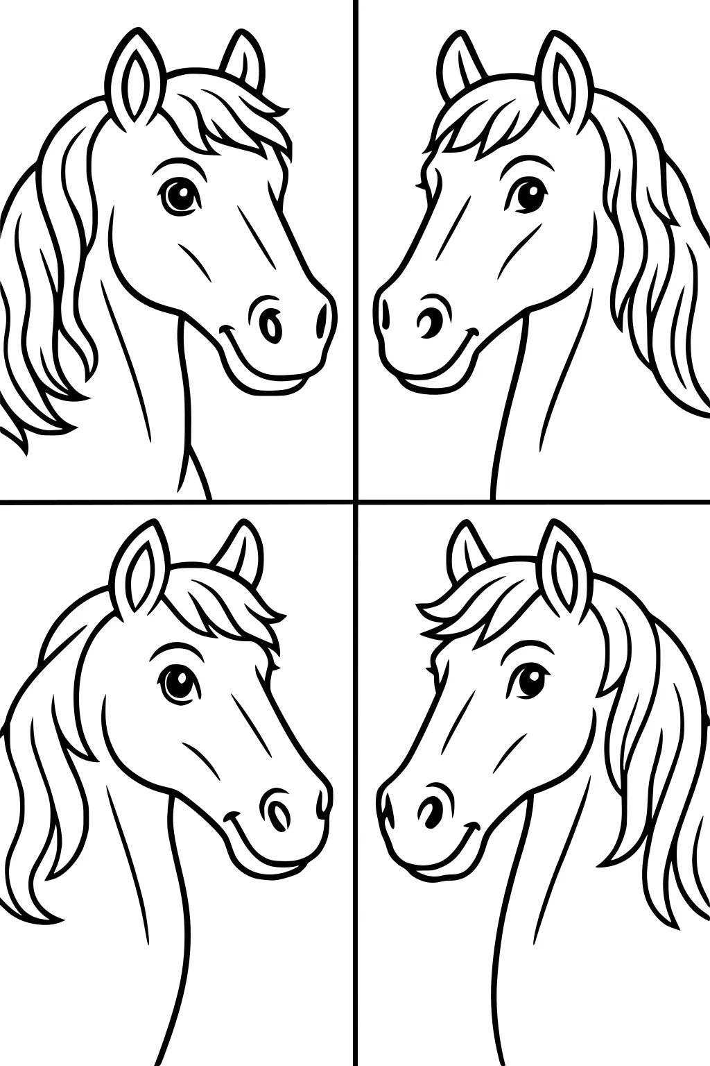 Four cartoon horse heads in separate boxes, each with a different mane style, friendly eyes, and upright ears.