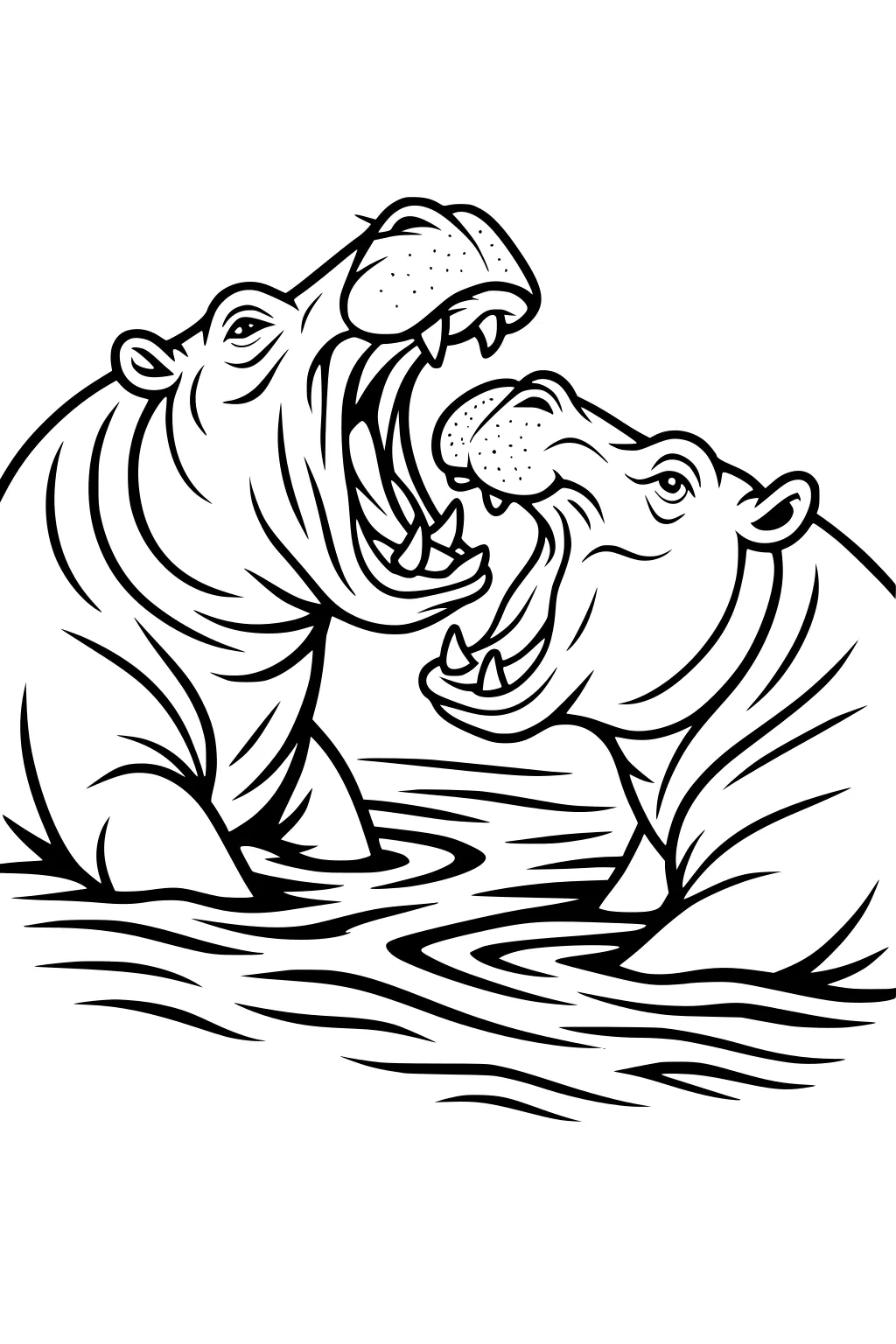 Two hippos with mouths open facing each other, sitting in rippling water with visible teeth and strong outlines.