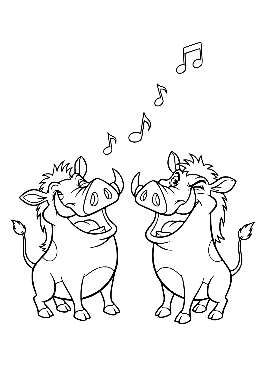 Two cartoon warthogs singing with open mouths, musical notes above their heads, side by side, smiling.