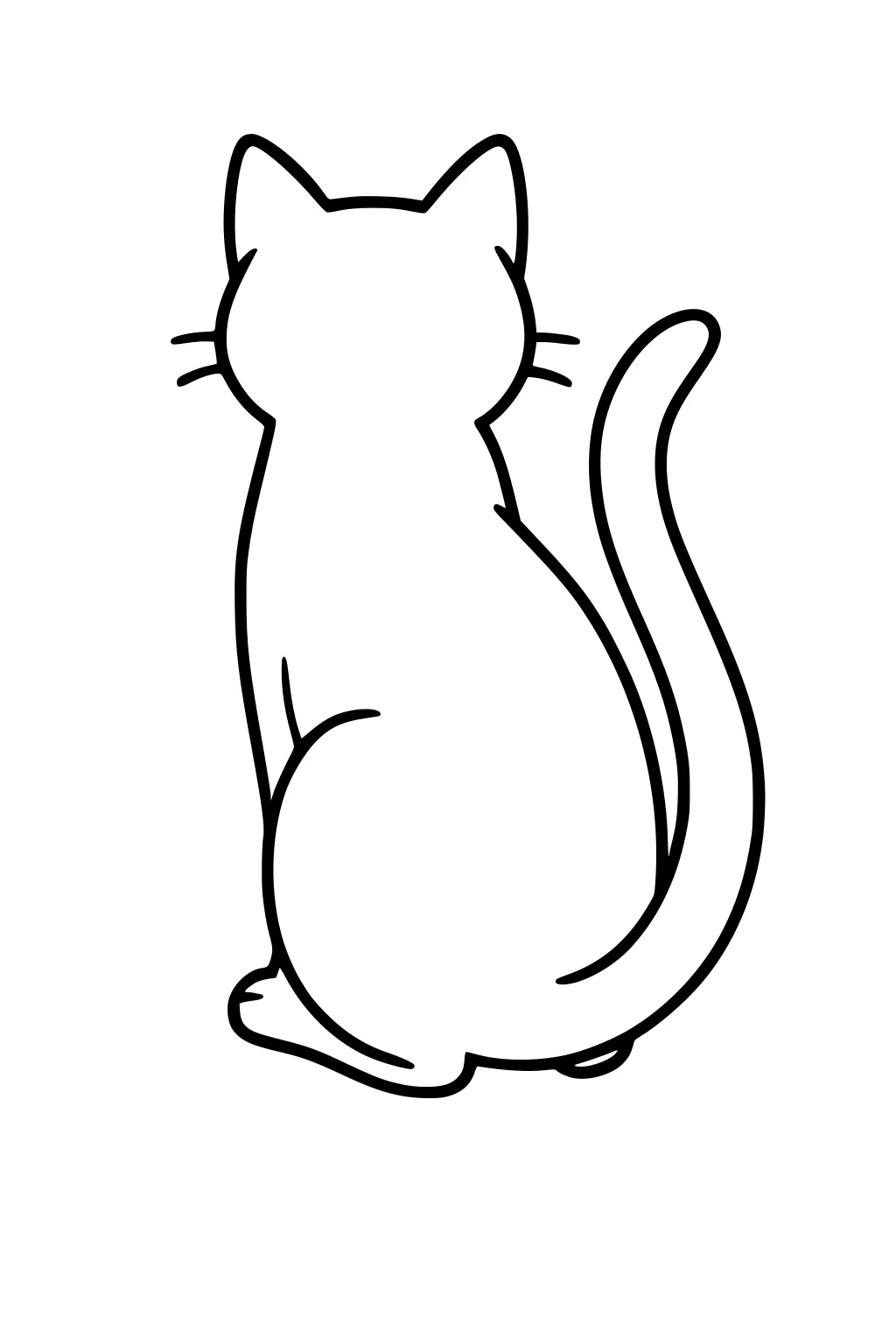 Outline of a domestic cat sitting with its back turned, tail curled up, upright ears, and whiskers showing.