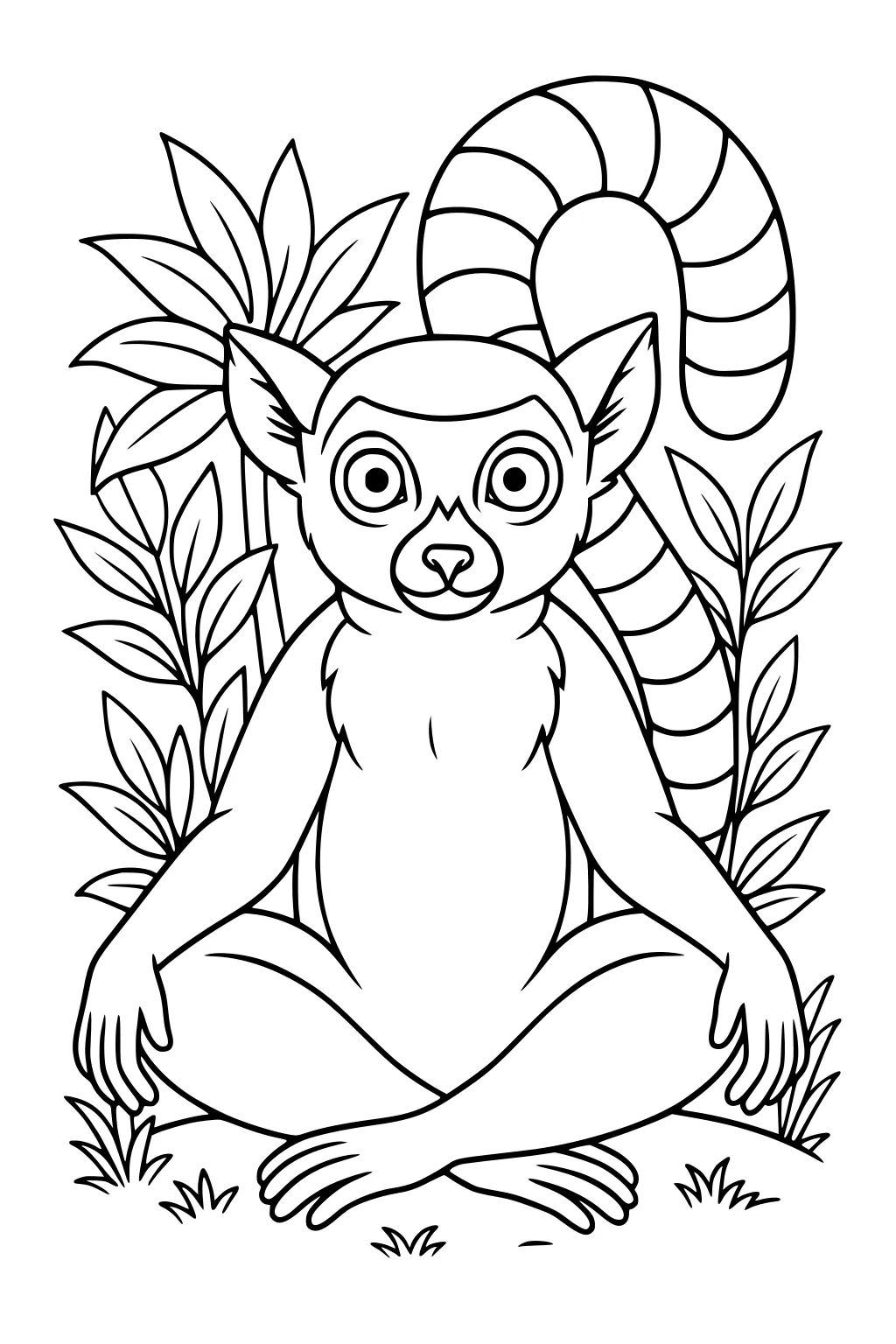 Lemur with striped tail sitting cross-legged among leafy jungle plants, ready to be colored.