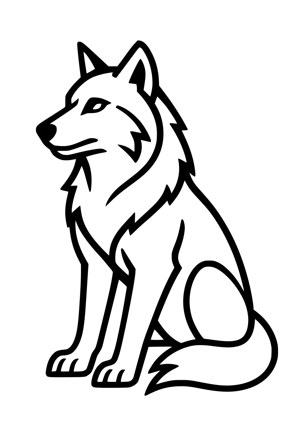 Simple line art of a sitting wolf with perked ears, fluffy neck ruff, side gaze, and curled tail.