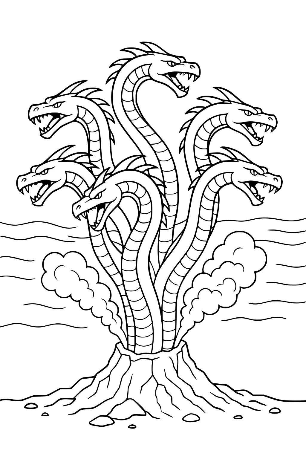 Six-headed hydra with long scaly necks rising from a cracked rock vent, smoke clouds and wavy water lines in the background.