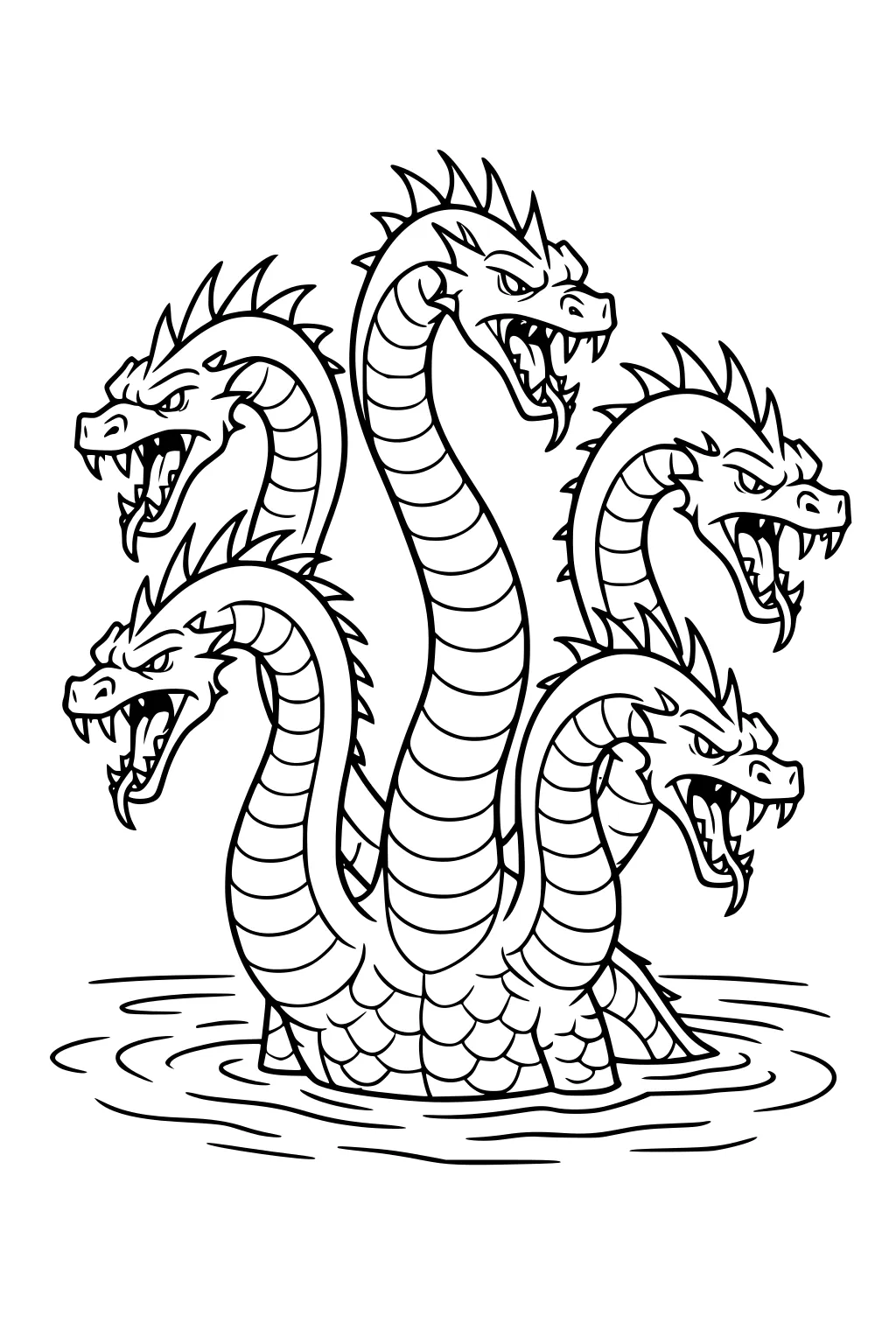Six-headed hydra with spined necks and open jaws rises from a lake; scaled body and water ripples, bold cartoon line art.
