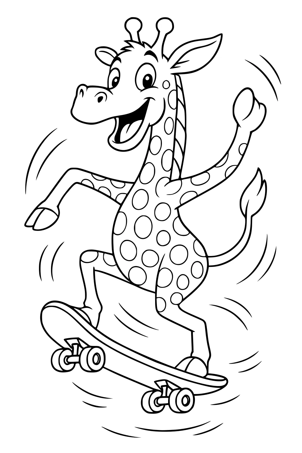 Cartoon giraffe with spots riding a skateboard, smiling with one hoof raised and motion lines showing movement.