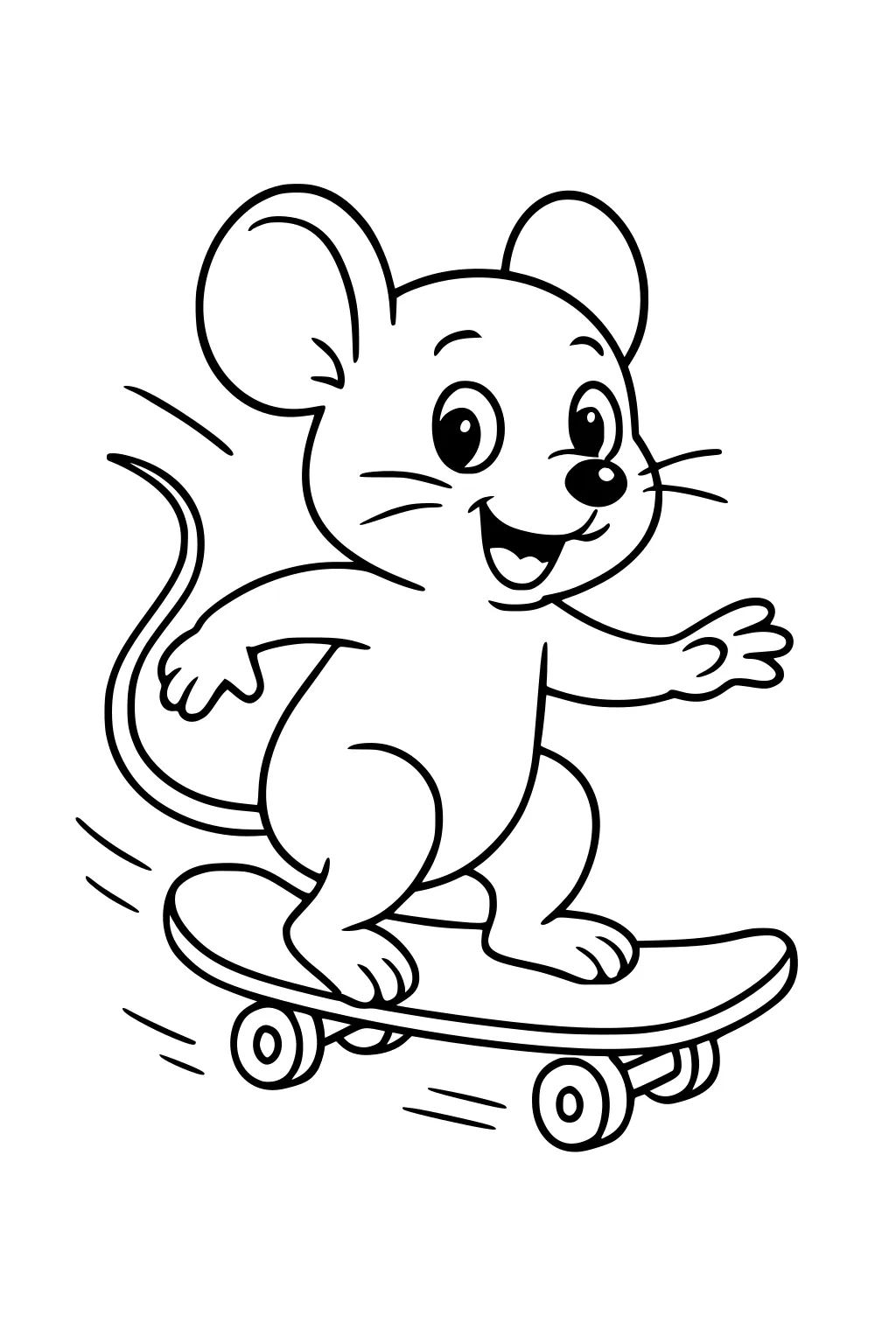 Cartoon mouse with large ears riding a skateboard, smiling, with motion lines showing movement and excitement.