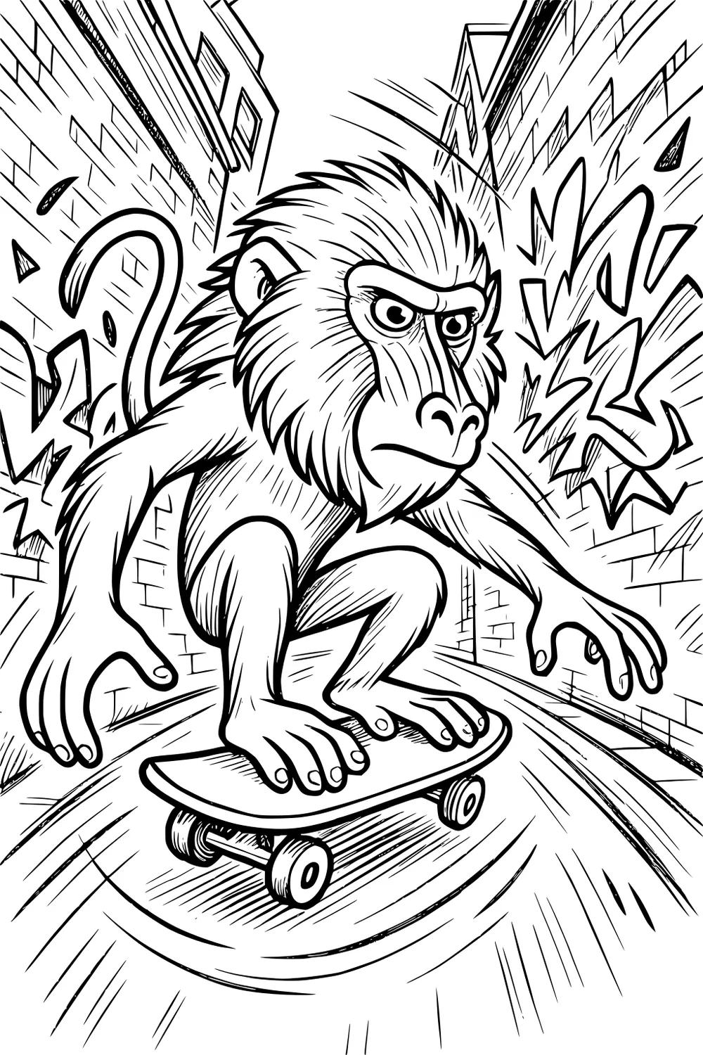 Baboon riding a skateboard down a graffiti-covered alley, crouching low with fur flying back and tail raised.