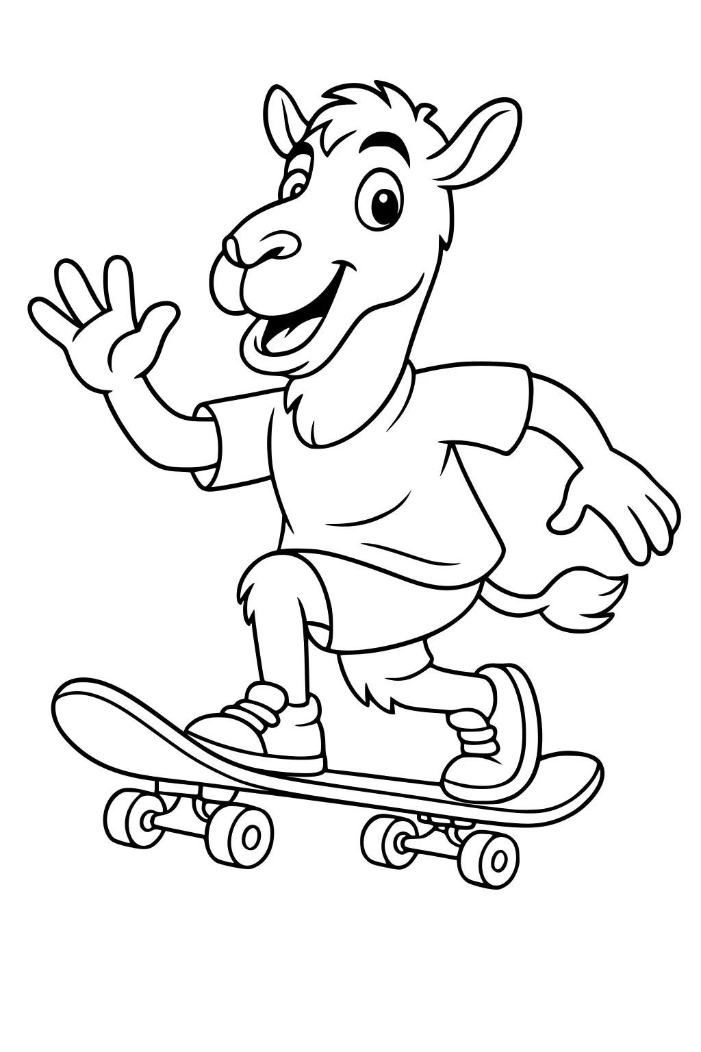 Cartoon camel in t-shirt and shorts skateboarding while waving and smiling.