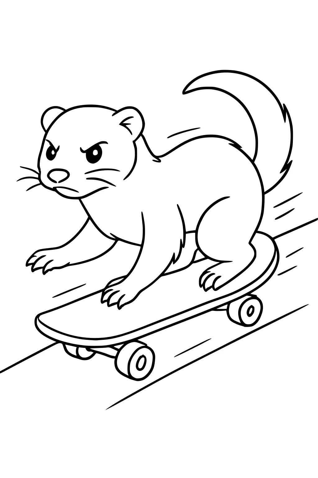 Ferret with serious face skateboarding downhill, tail high, gripping the board with all four paws.