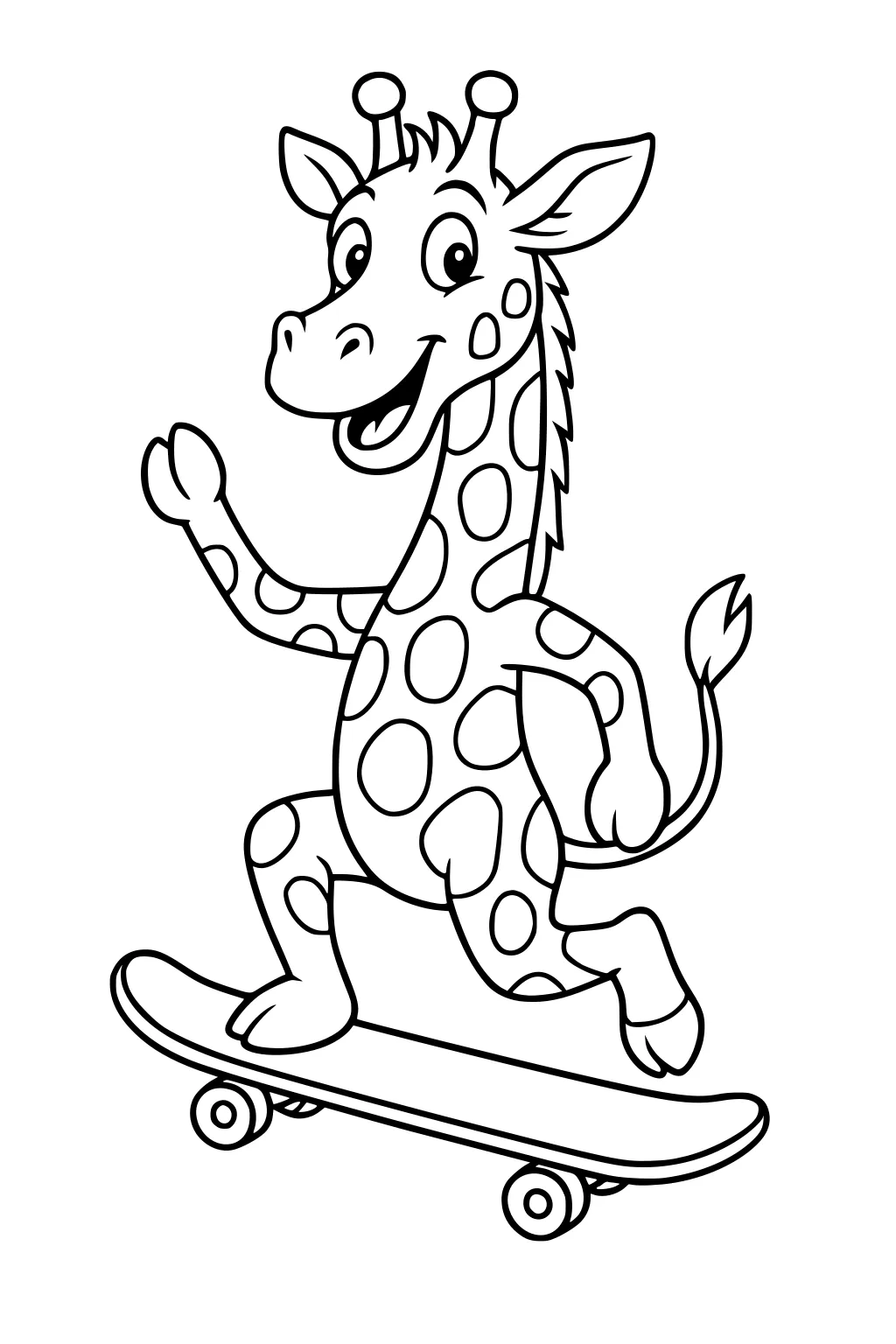 Cartoon giraffe with big spots riding a skateboard, smiling, waving one hand, and tail flicking up.