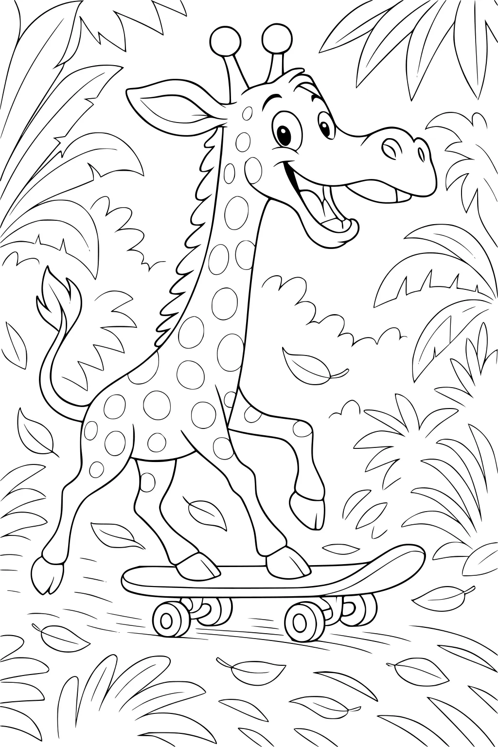 Smiling cartoon giraffe riding a skateboard among jungle leaves and plants, with spots and a joyful expression.