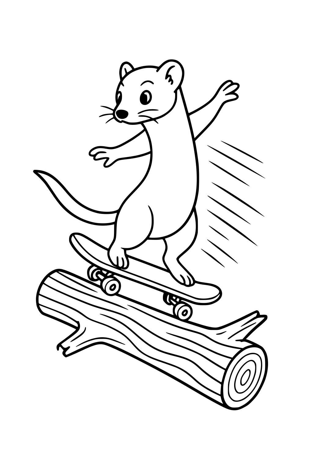 Weasel riding a skateboard on a log with motion lines behind, arms spread for balance.