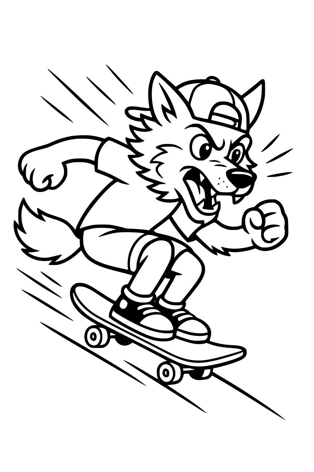 Cartoon boy wolf in a backward cap skateboards downhill, crouched with clenched fists, sneakers on the deck, tail trailing and motion lines.