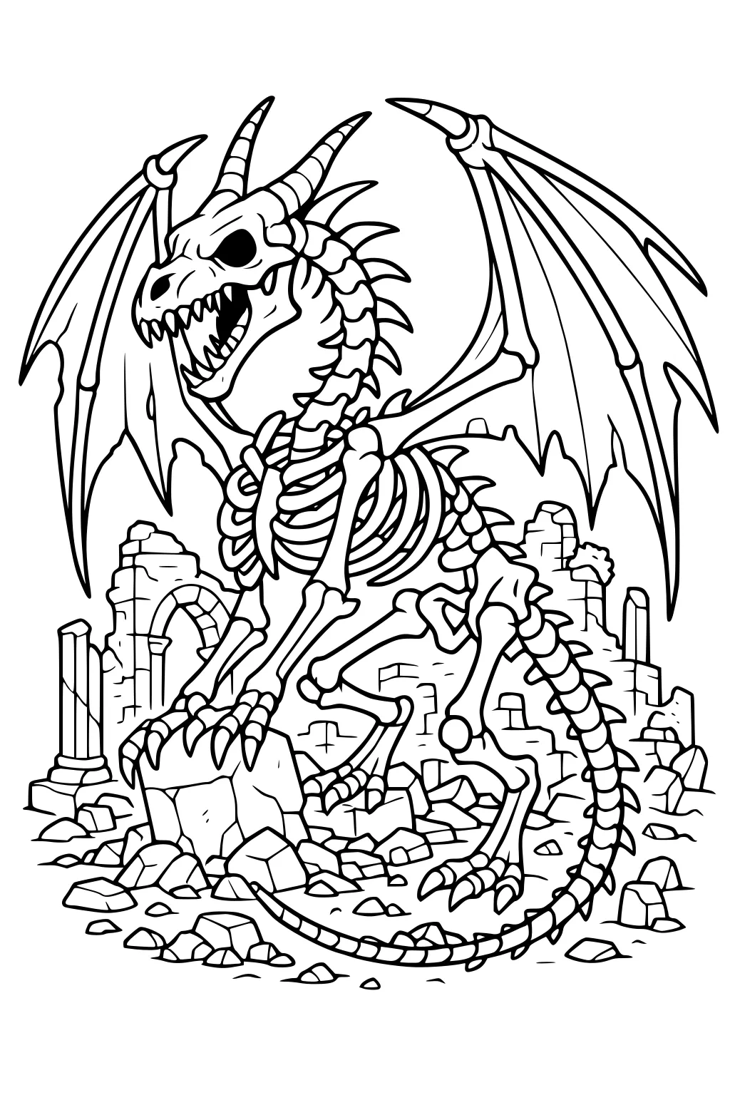 Skeletal dragon with wide wings on a rock amid ruins, open jaws, horns, long tail, rubble and broken columns in line art.