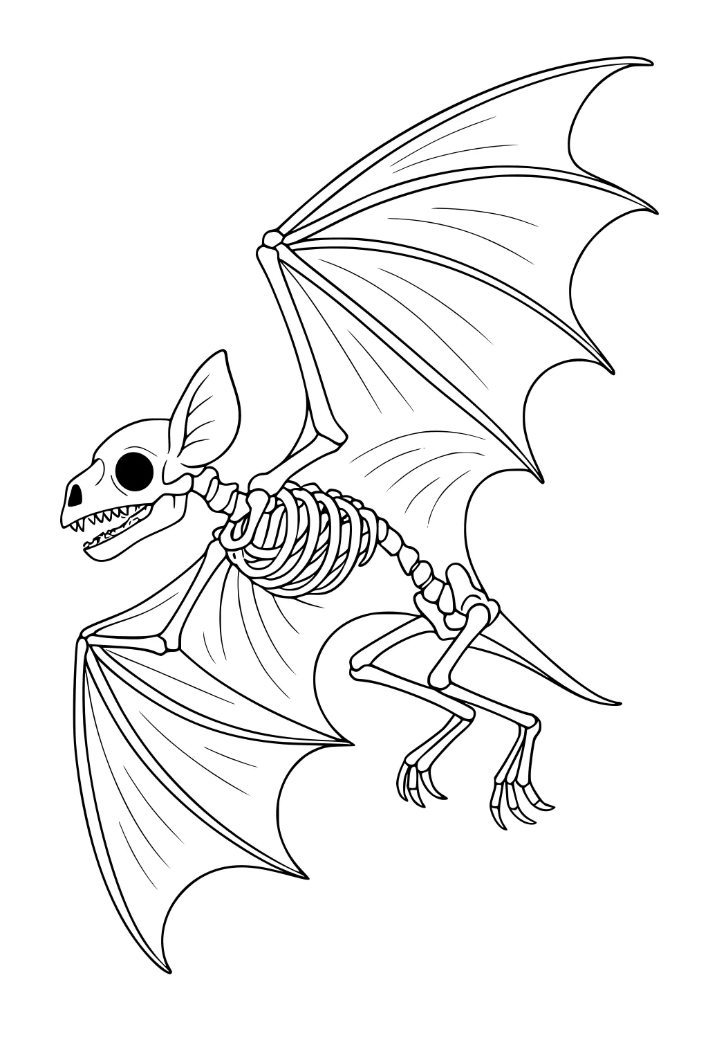 Skeleton bat with outstretched wings, open mouth, large ears, and visible bones on a white background.