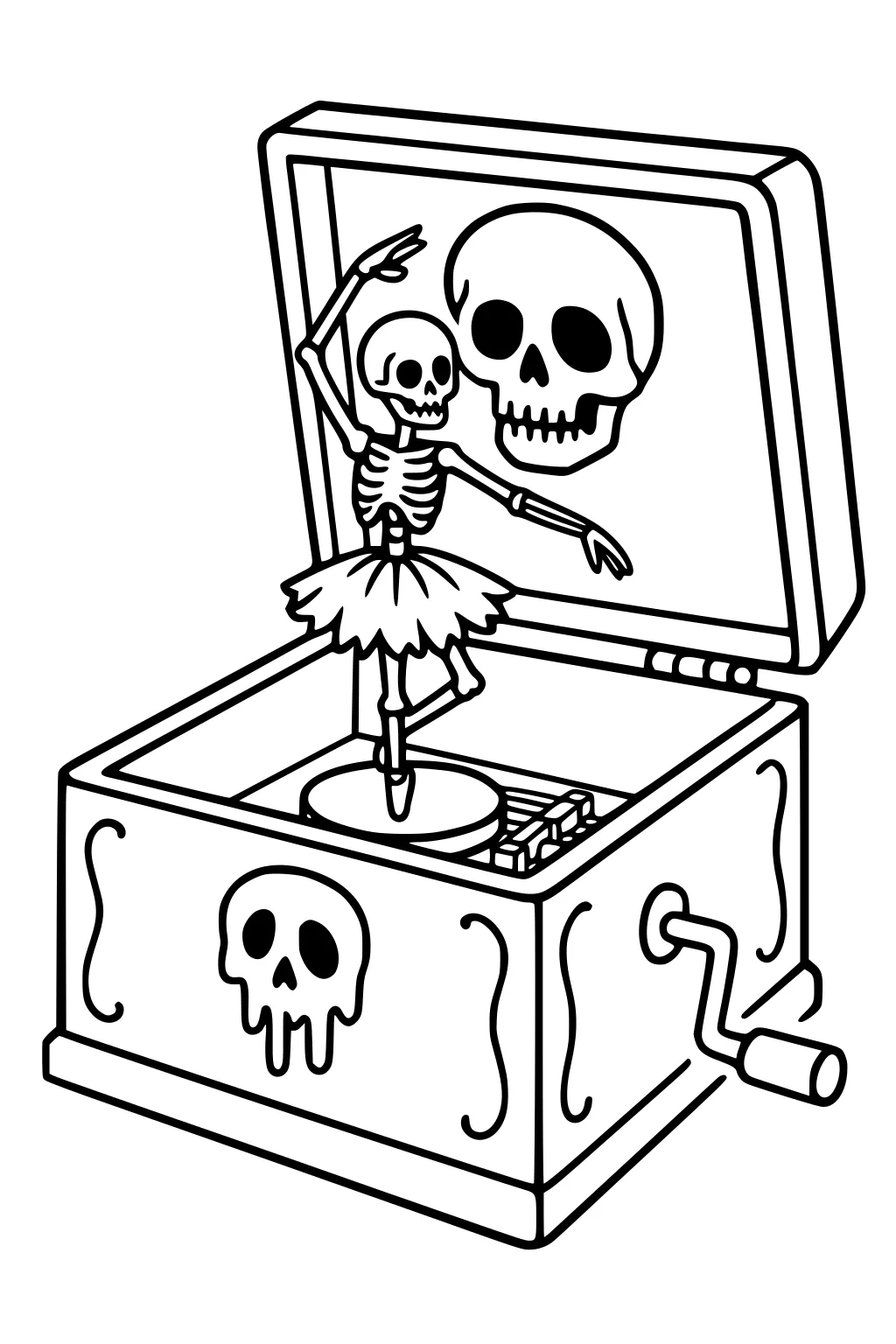Skeleton ballerina twirls in an open music box with skull designs, side crank, and flared tutu, drawn in bold outlines.