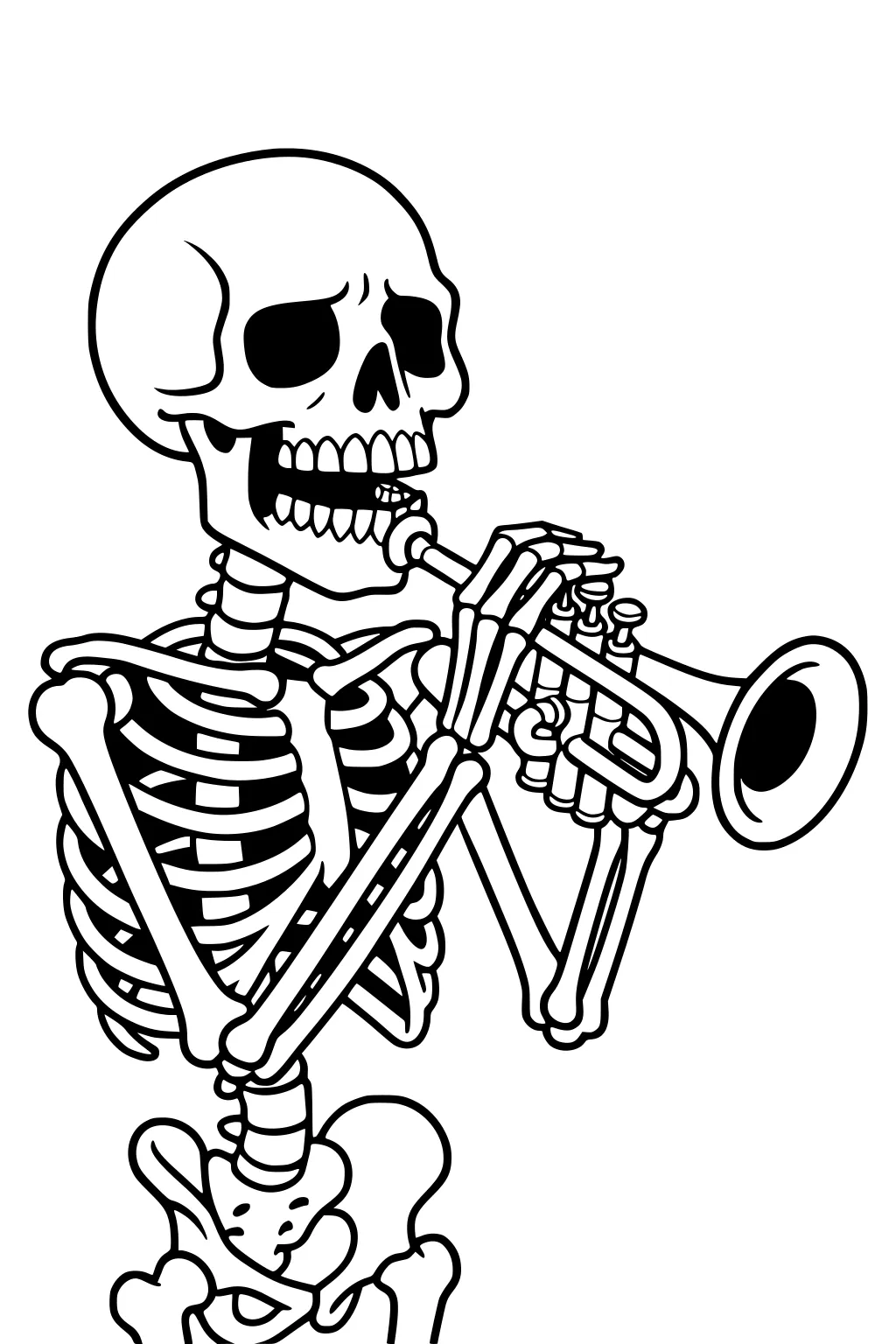 Grinning skeleton blowing a trumpet, bony fingers on valves, skull and ribcage in bold outlines on a blank white background.