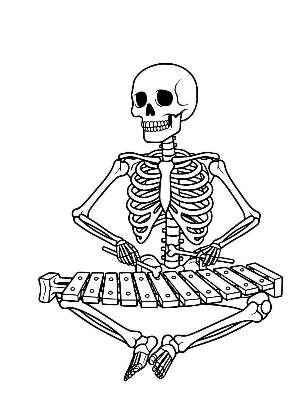 Skeleton sits cross-legged playing a xylophone with two mallets, smiling skull and ribcage outlined on a plain white background.