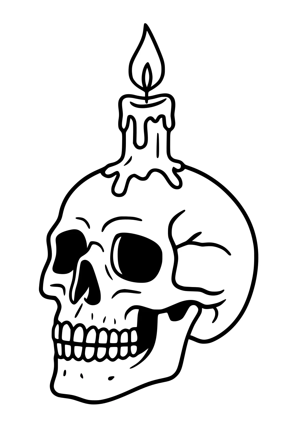 Skull with a lit candle on top, wax dripping down the forehead, bold black outlines and big empty eye sockets.