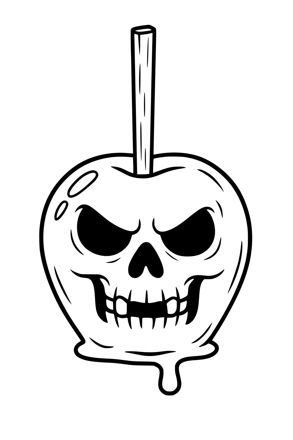 Halloween candy apple with a skull face and dripping glaze on a stick in bold black outlines.