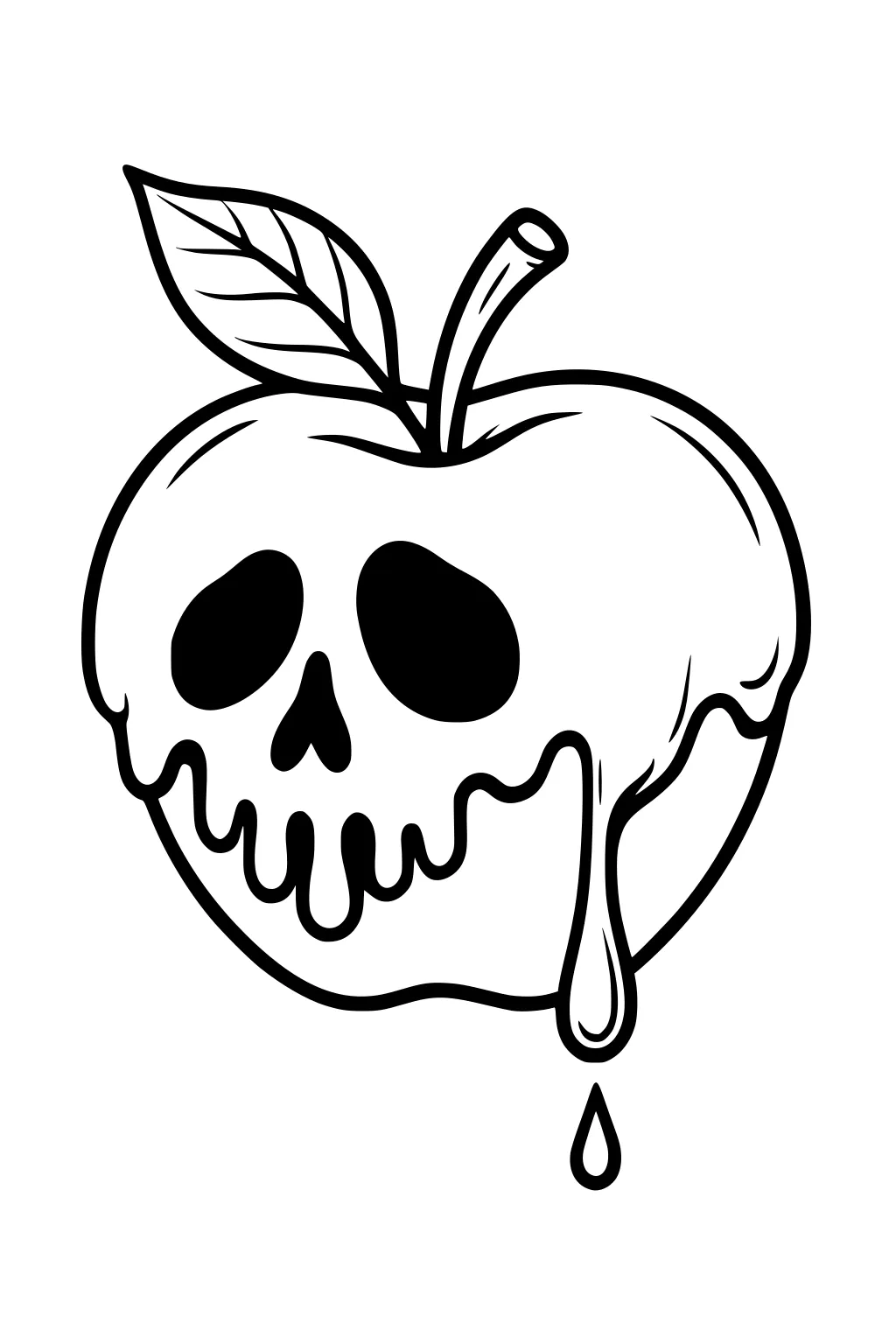 Apple with leaf covered in skull-shaped dripping slime, one long drip falling, bold Halloween line art.