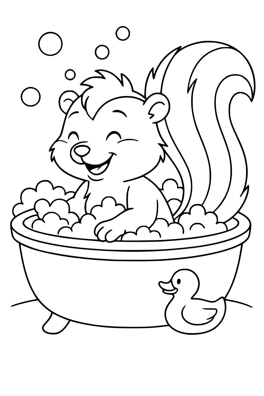 Smiling skunk in a bubble bath with a rubber duck beside the bathtub and bubbles floating in the air.