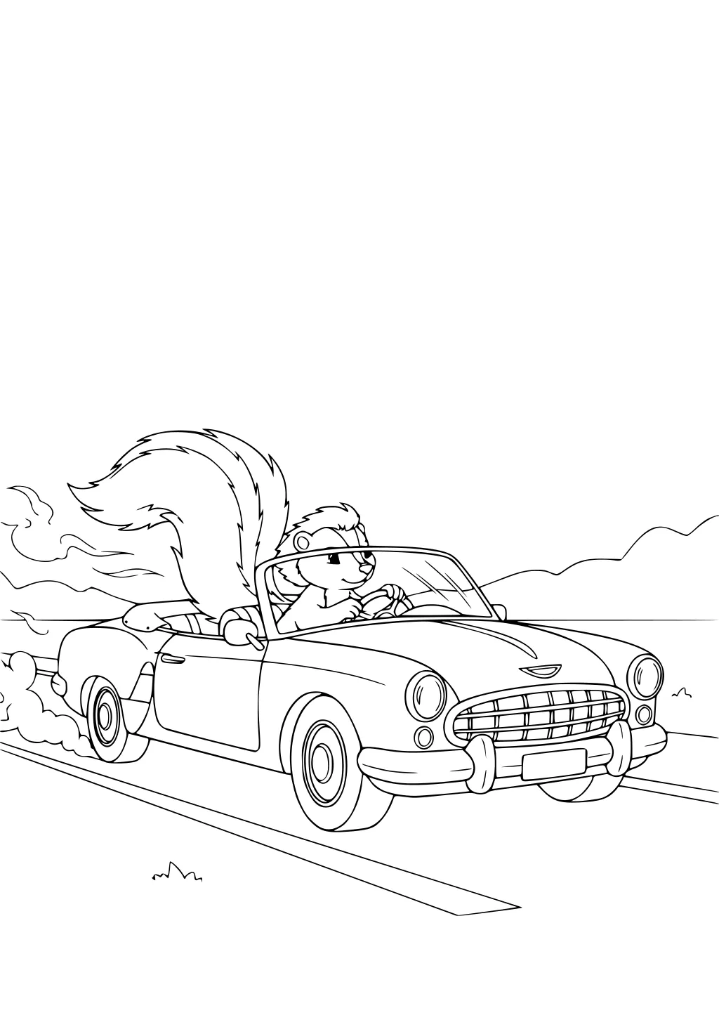 Cartoon skunk driving a convertible car on a road with its tail up and clouds of smoke swirling behind.