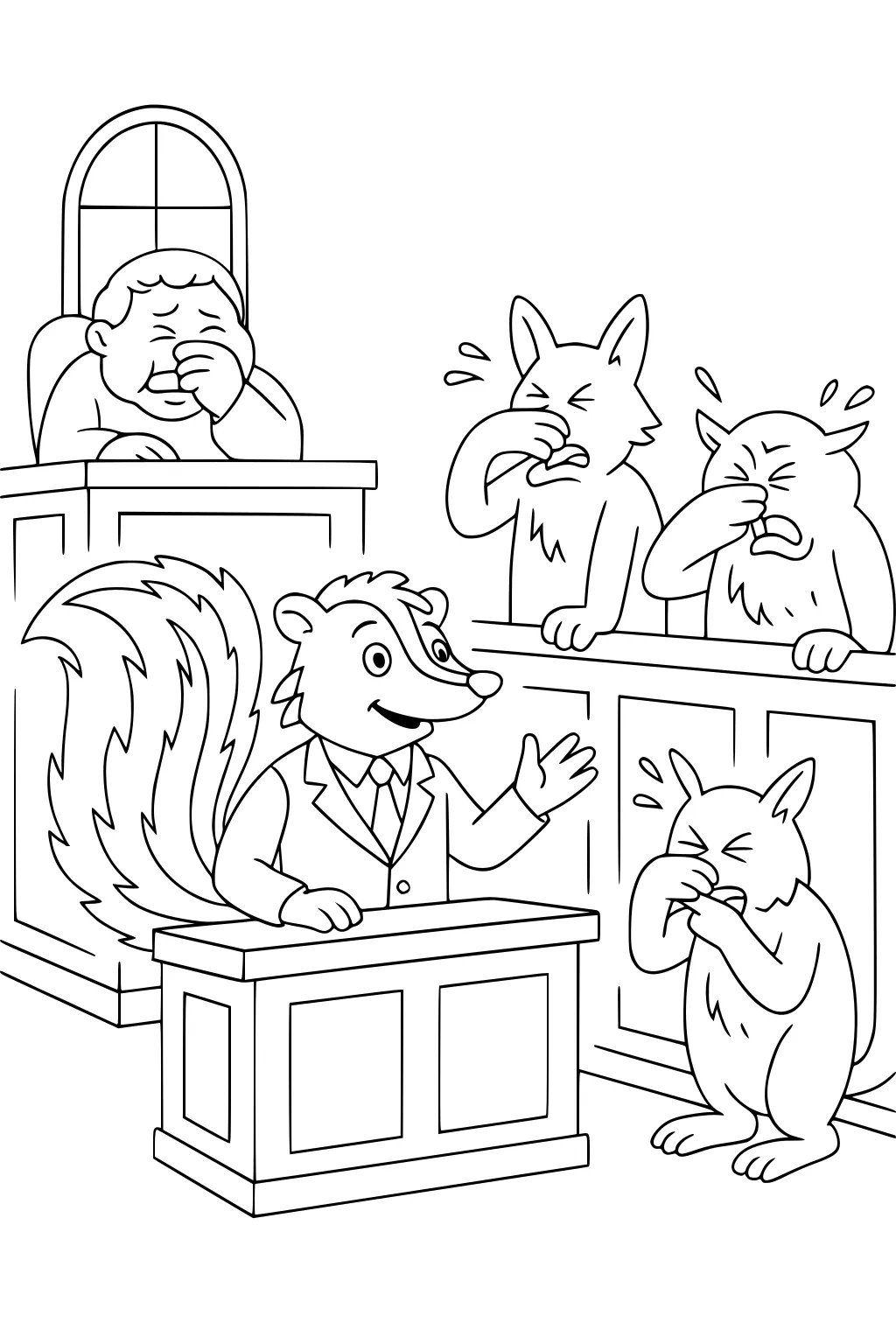 A skunk in a suit speaks at a courtroom stand while a judge and three animals cover their noses and look distressed.