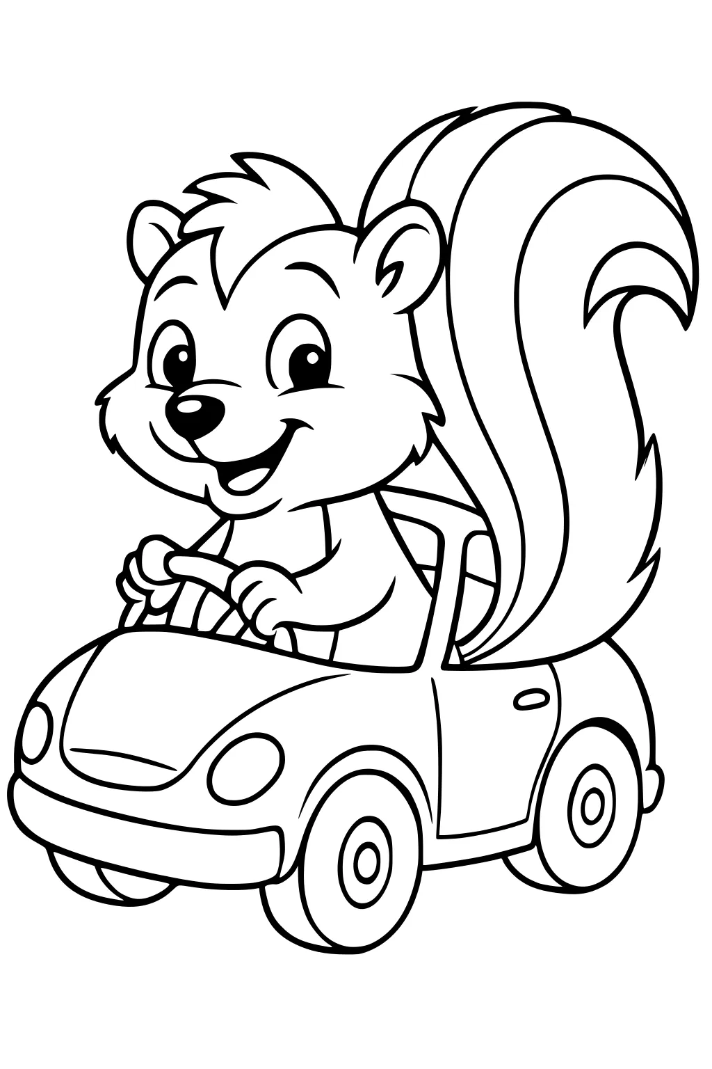 Cartoon skunk with a big tail smiling while driving a small car, with both paws on the steering wheel.