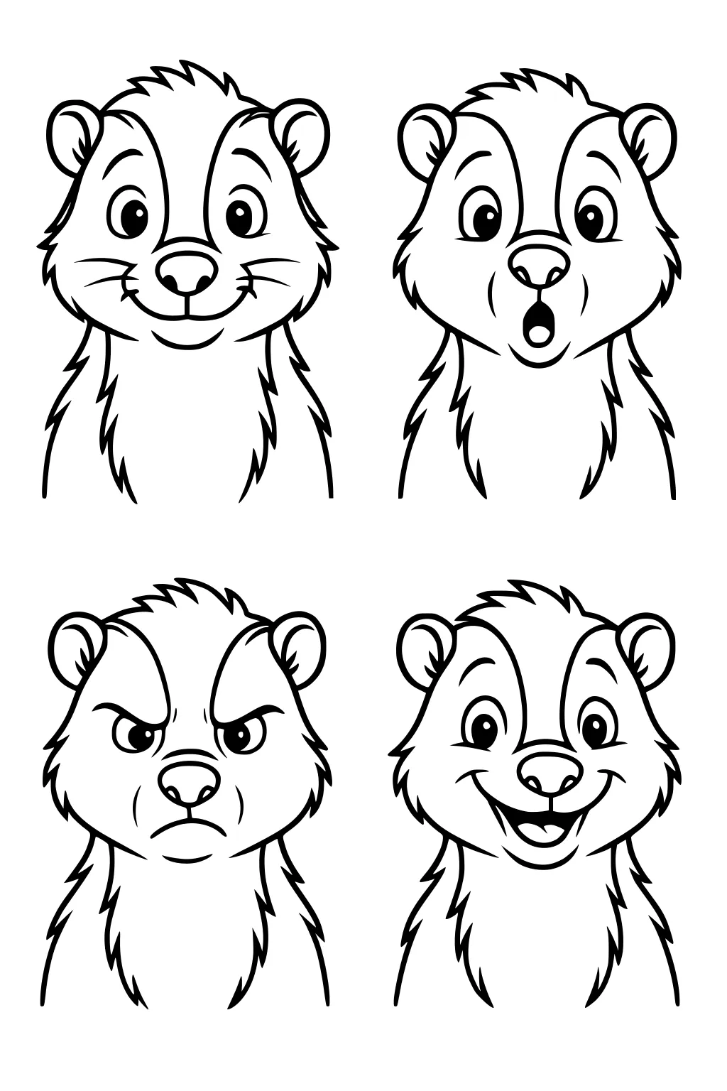 Four cartoon skunk heads, each showing a different emotion: happy, surprised, angry, and laughing.